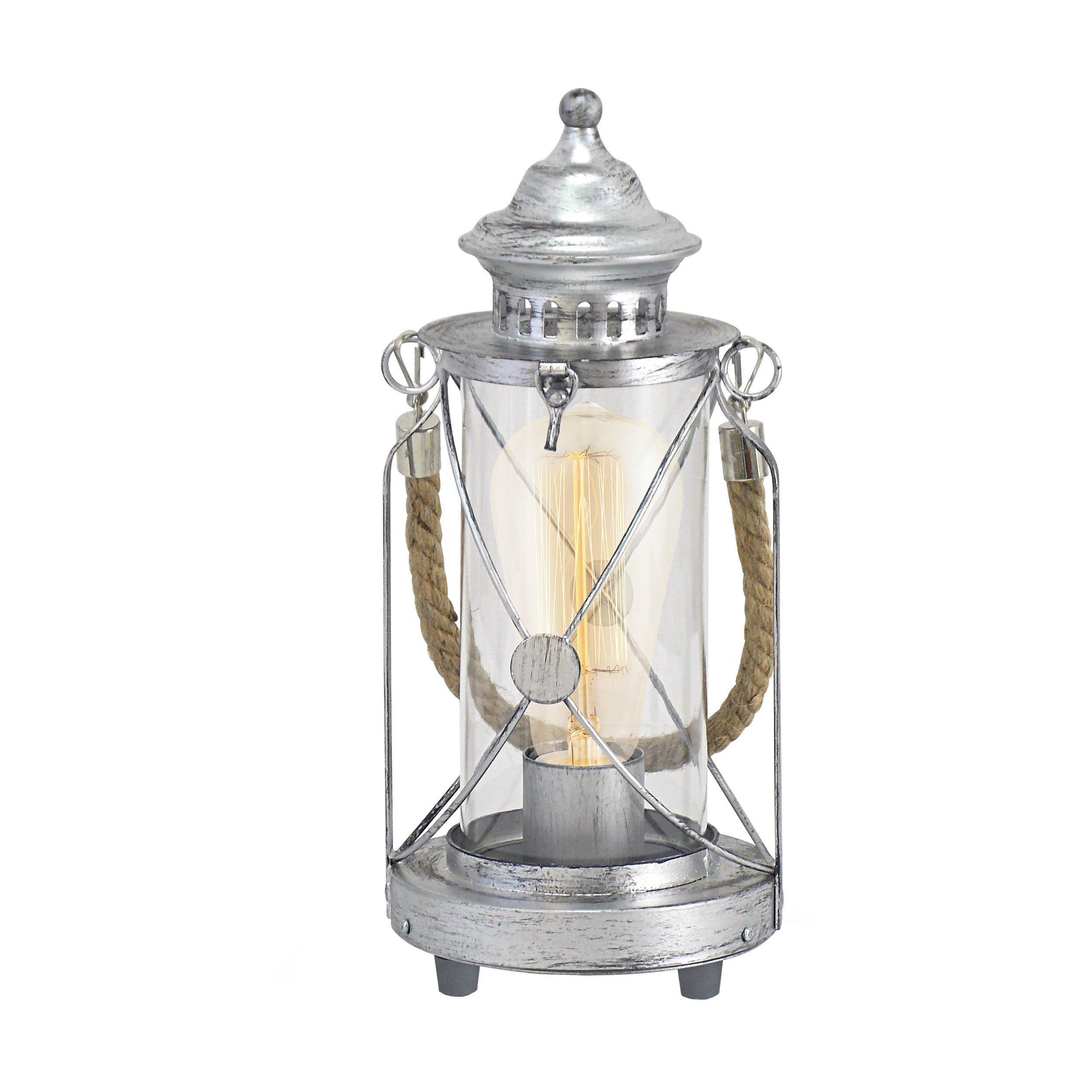 Table Lamp Desk Light Antique Silver & Glass Lantern Shade 1 x 60W E27 Bulb