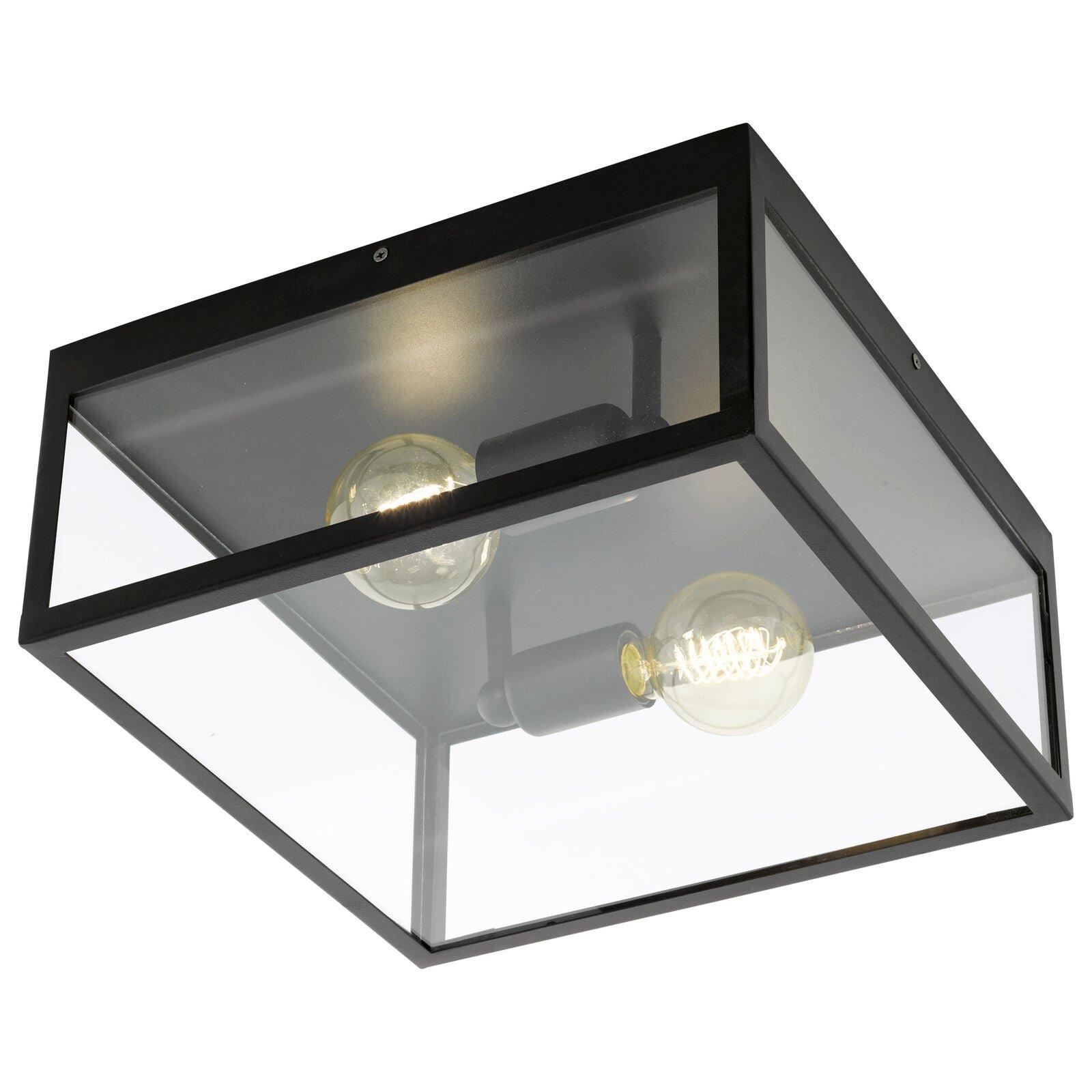 Semi Flush Ceiling Light Black Steel & Glass Box 2 x 60W E27 Bulb Feature