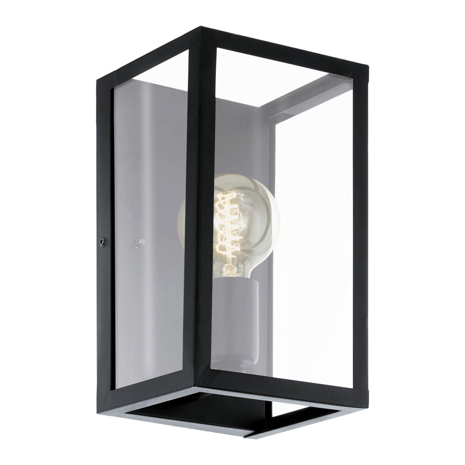 LED Wall Light / Sconce Black Steel & Clear Glass Box Shade 1 x 60W E27 Bulb