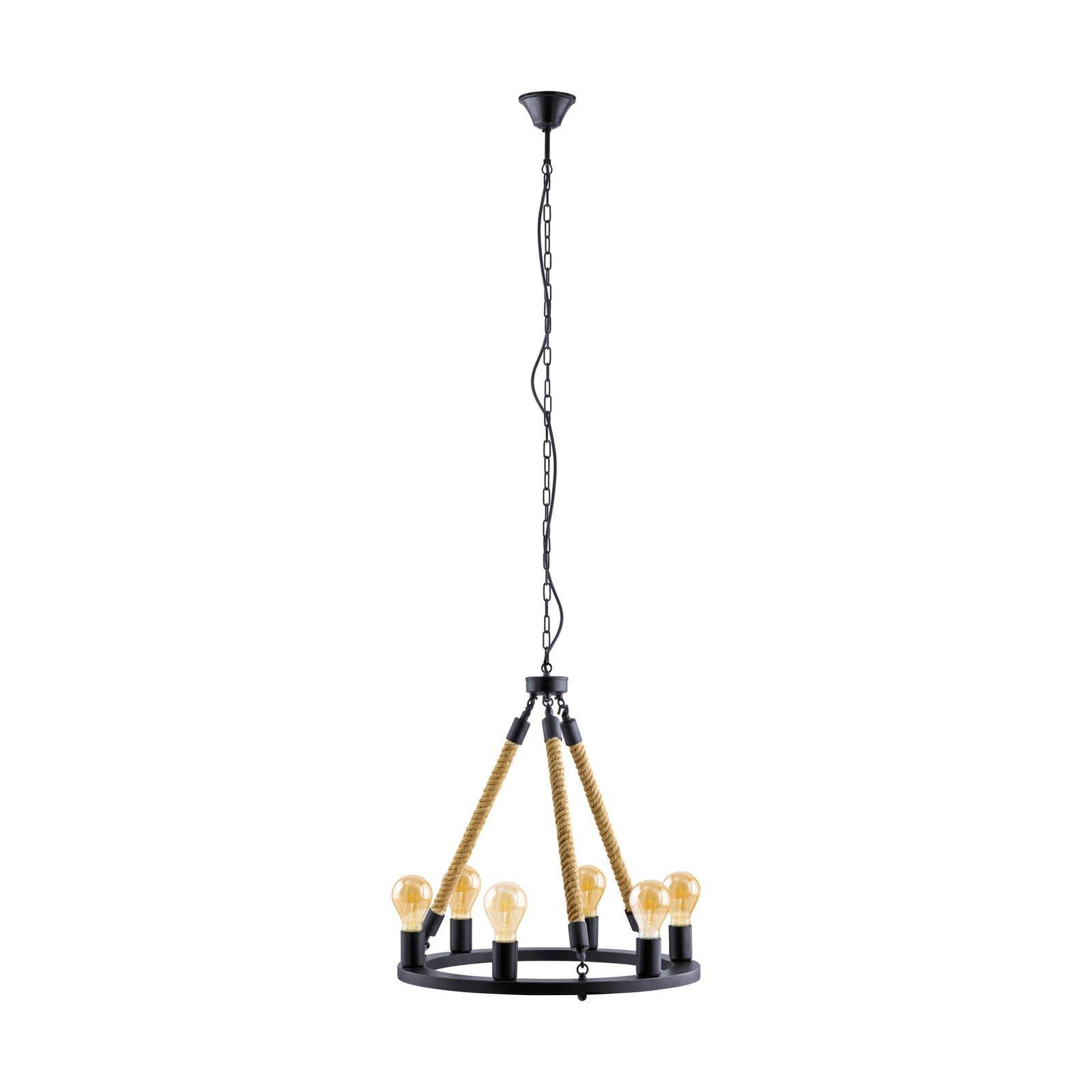 Hanging Ceiling Pendant Light Black & Rope 6x 60W E27 Round Feature Chandelier