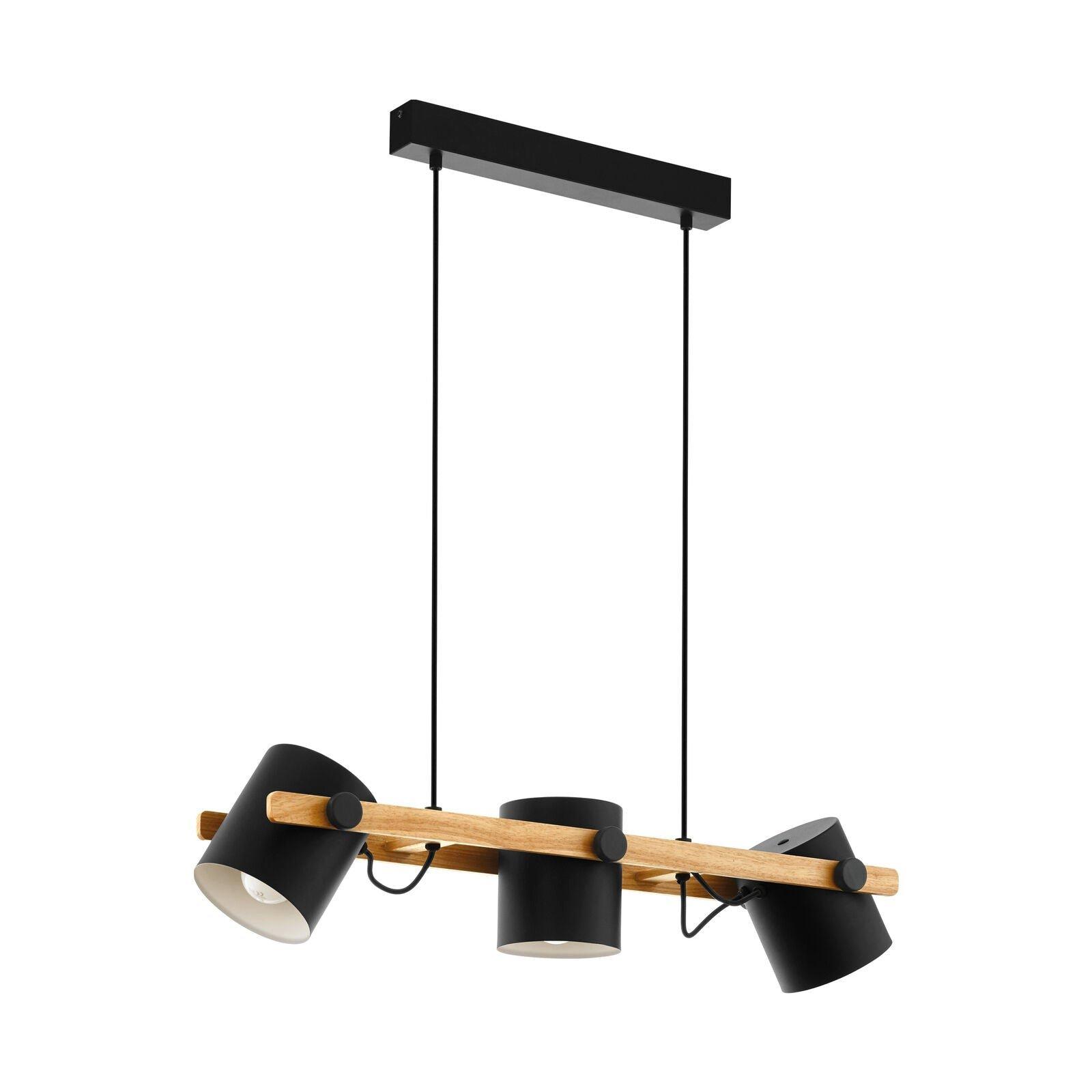 Hanging Ceiling Pendant Light Black & Wood Adjustable Spots 3 x 60W E27 Bulb