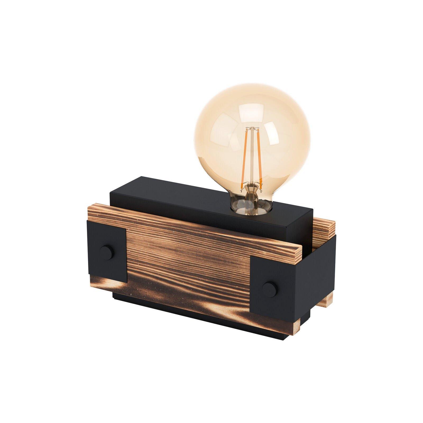 Table Lamp Desk Light Black Steel & Wood Bedside Box 1 x 16W E27 Bulb