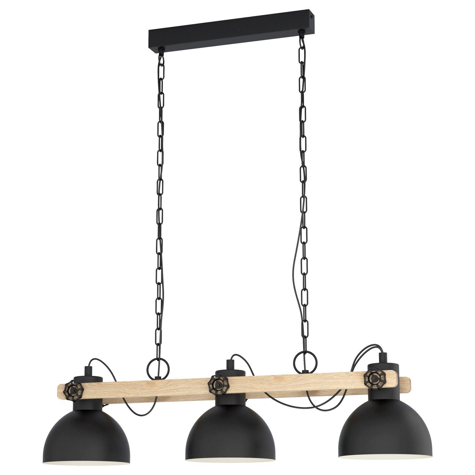 Hanging Ceiling Pendant Light Black & Wood Industrial Shade 3 Bulb Dining Lamp