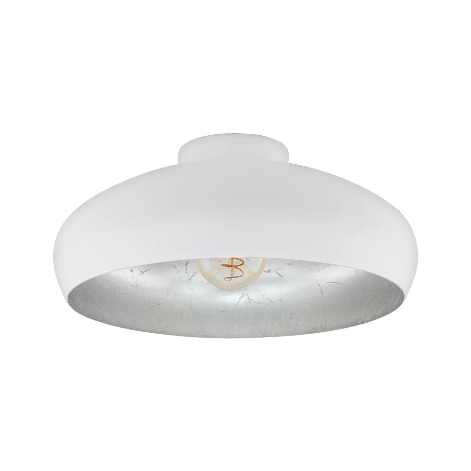 Semi Flush Ceiling Light White & Silver Round Shade 1 x 60W E27 Bulb Feature