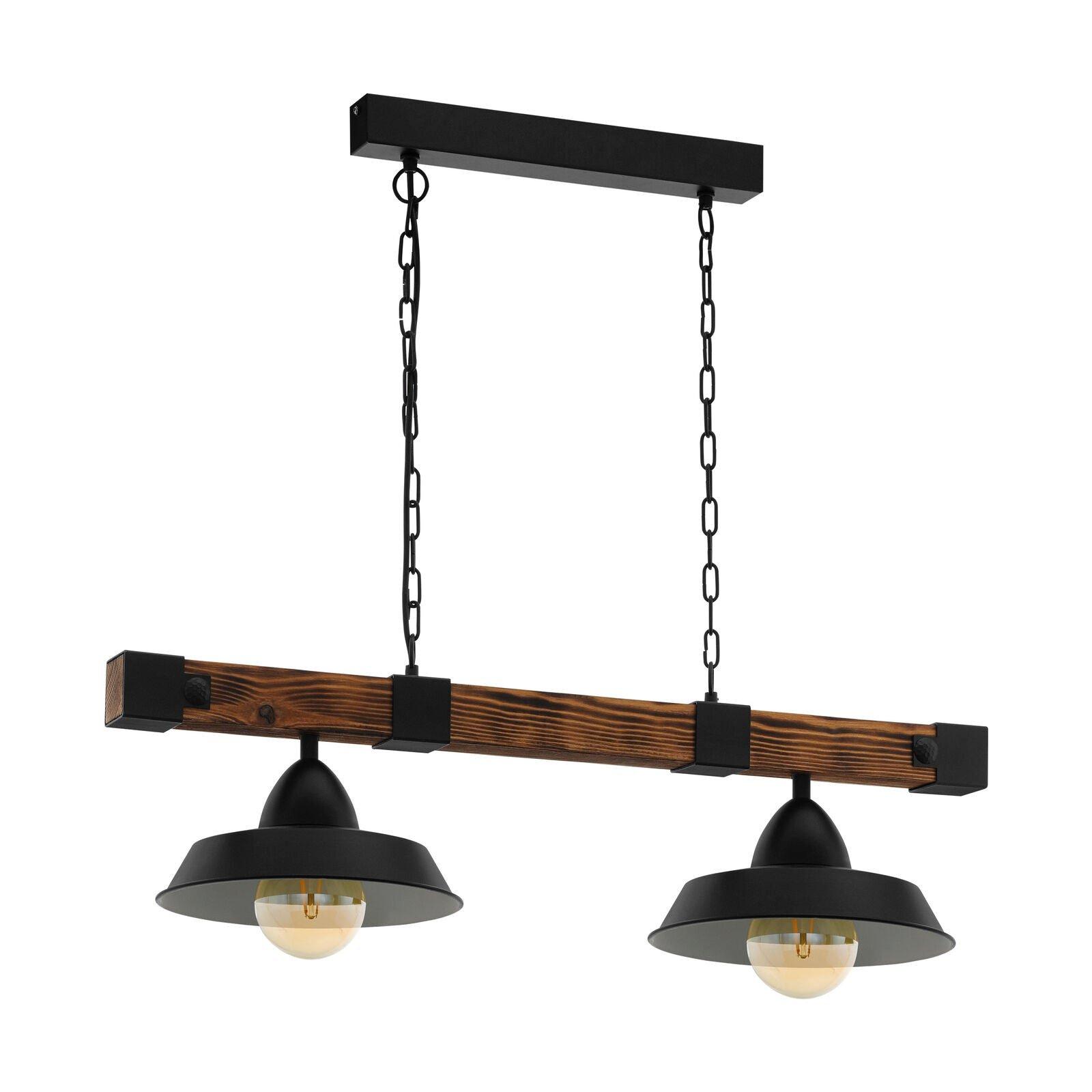 Hanging Ceiling Pendant Light Black & Rustic Wood 2 Bulb Kitchen Island Dining