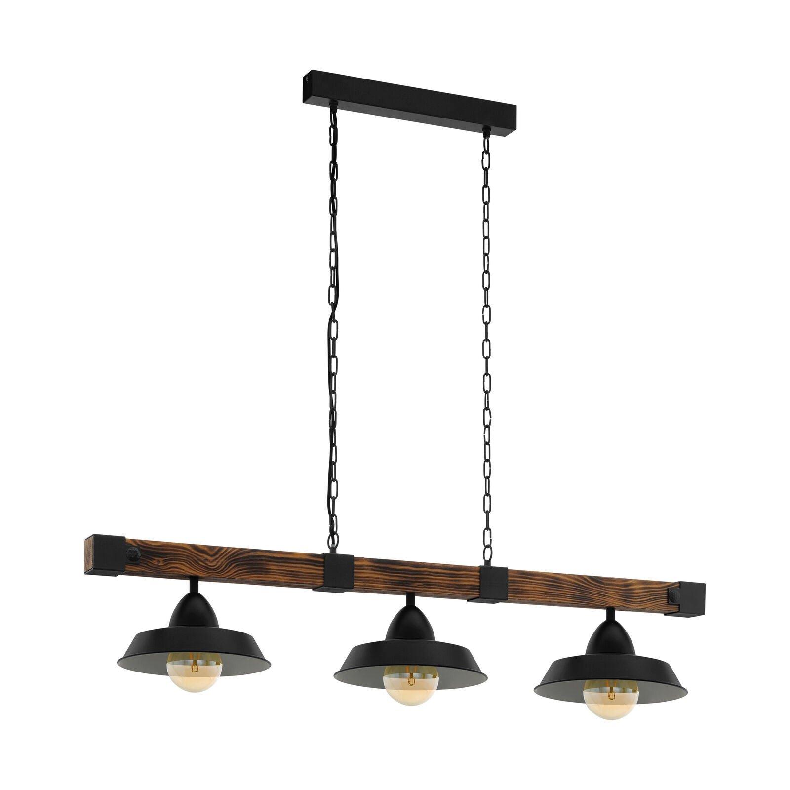 Hanging Ceiling Pendant Light Black & Rustic Wood 3 Bulb Kitchen Island Dining