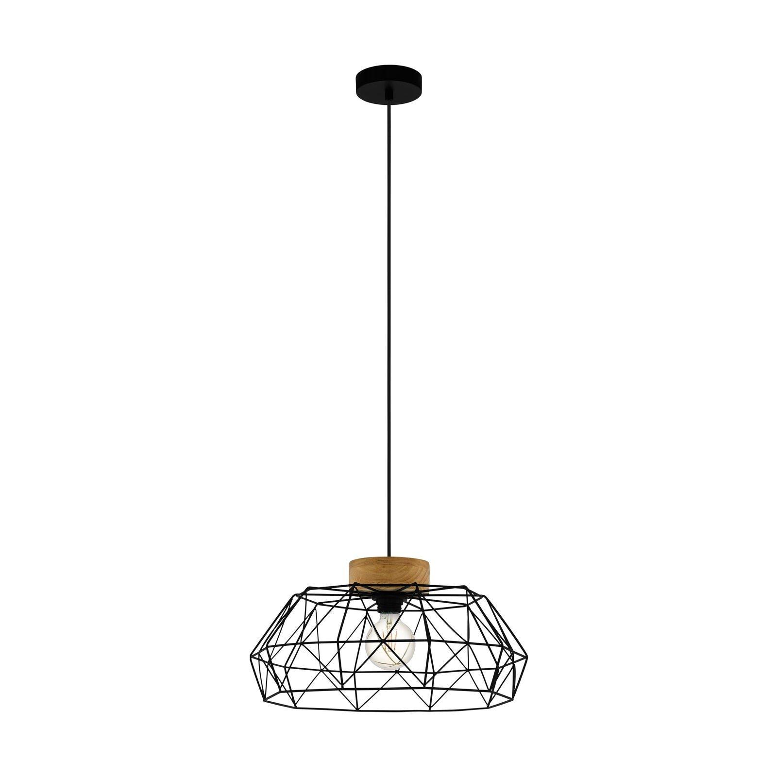 Hanging Ceiling Pendant Light Black Geometric Cage & Wood 1x E27 Bulb Feature