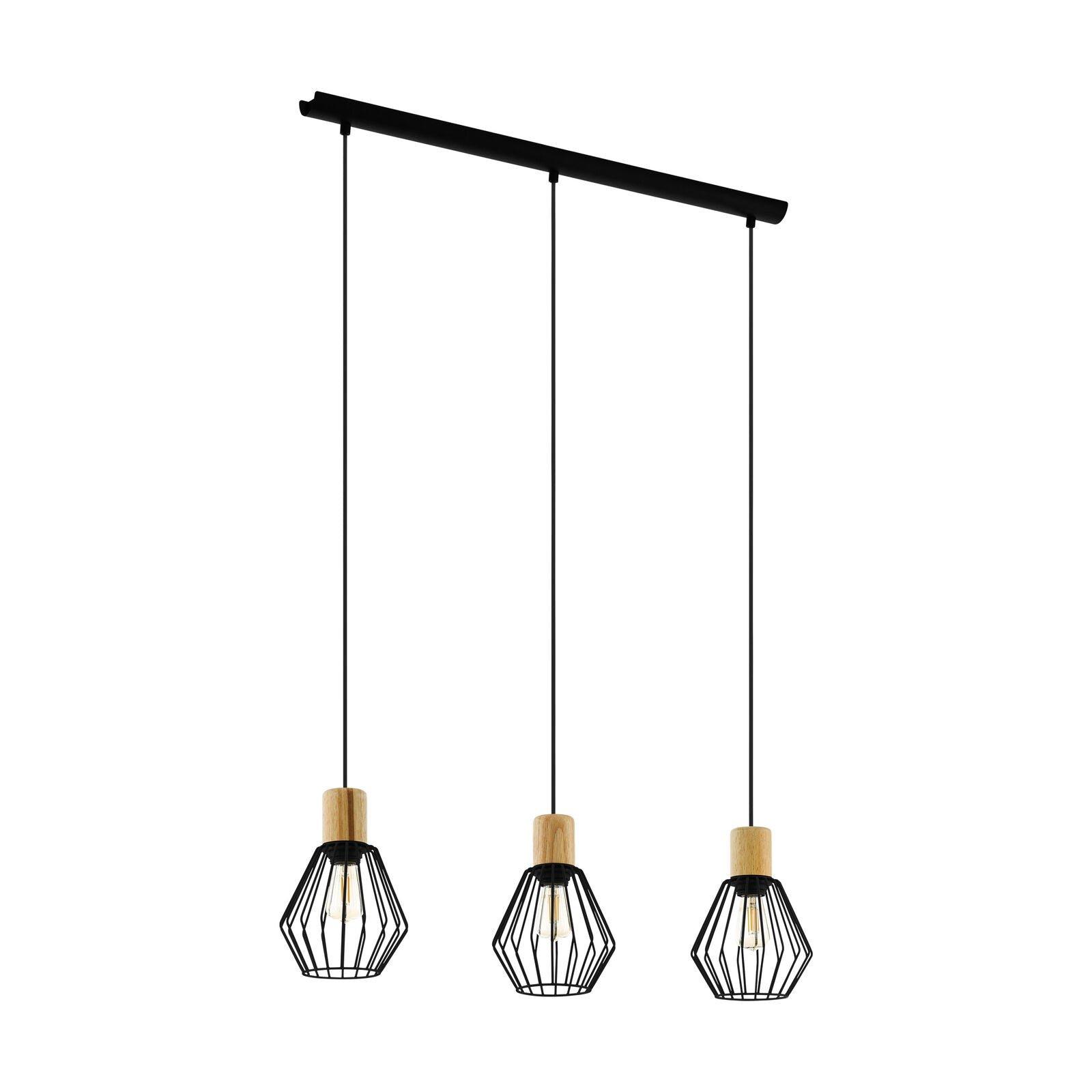 Hanging Ceiling Pendant Light Black Cage & Wood 3x E27 Bulb Kitchen Feature