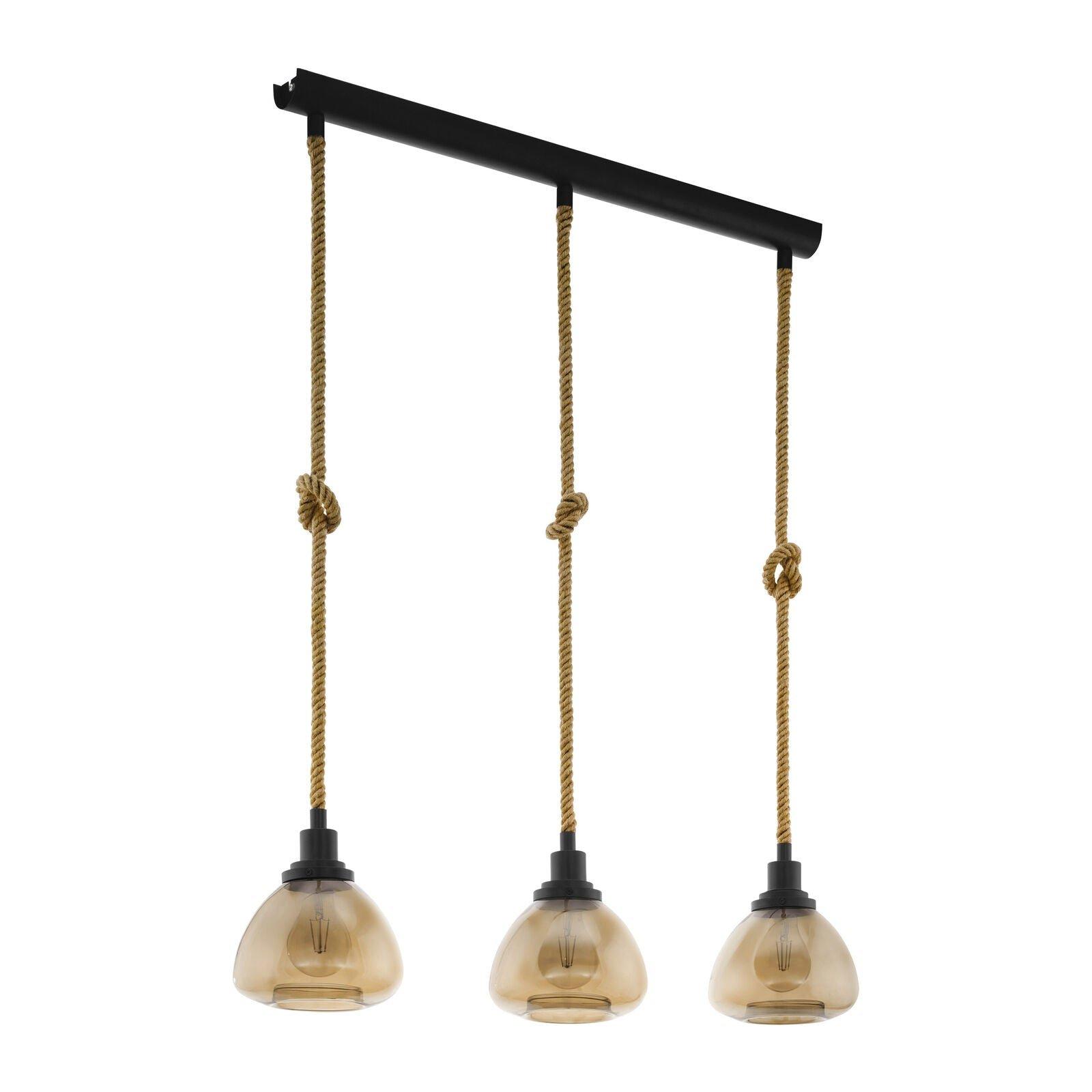 Hanging Ceiling Pendant Light Amber Glass & Rope 3 Bulb E27 Kitchen Island