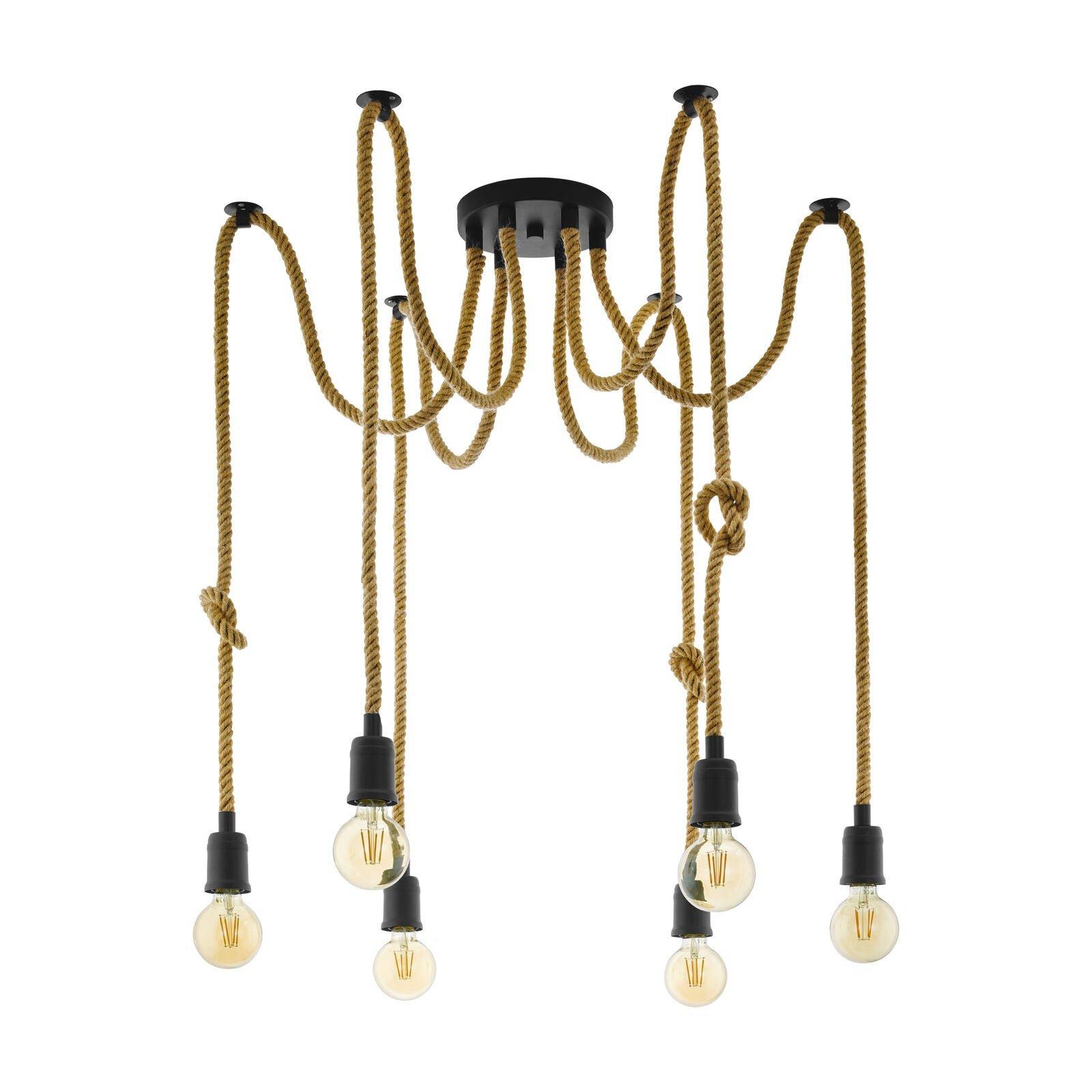 Hanging Ceiling Pendant Light Black & Rope 6x Bulb E27 Adjustable Spider Lamp