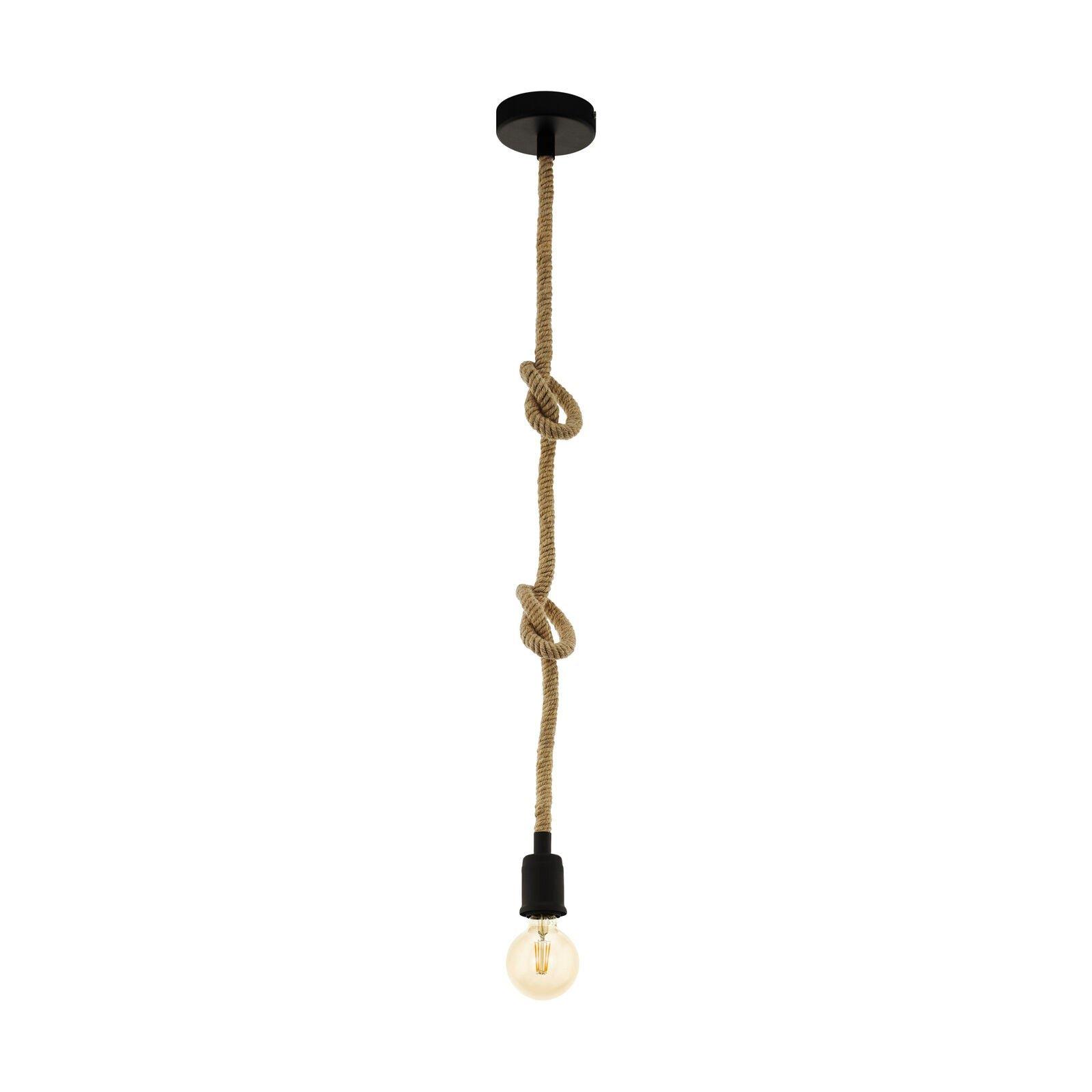 Hanging Ceiling Pendant Light Black & Rope 1x E27 Rustic Hallway Feature Lamp