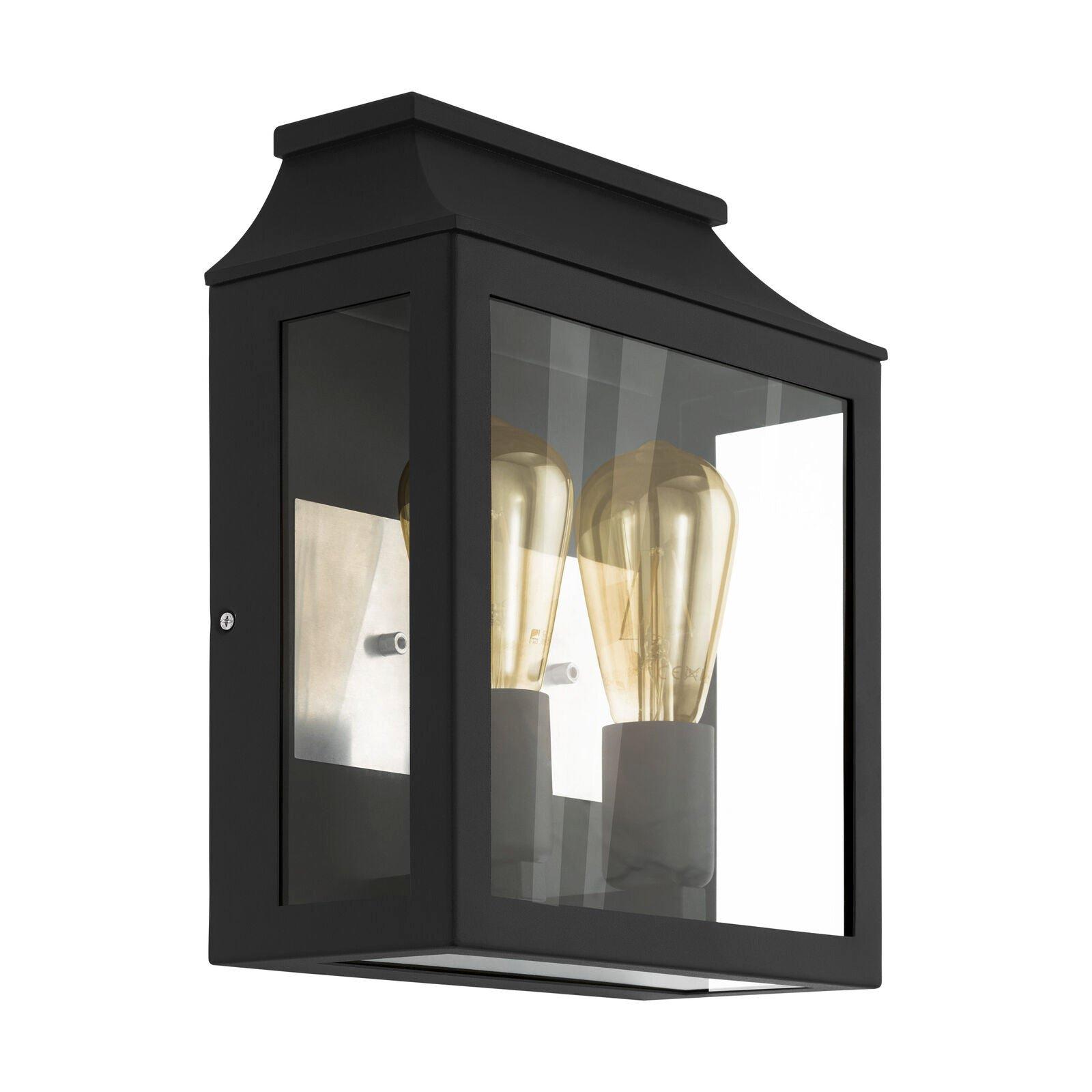 IP44 Outdoor Wall Light Black Aluminium Glass Box 2x 60W E27 Bulb Porch Lamp
