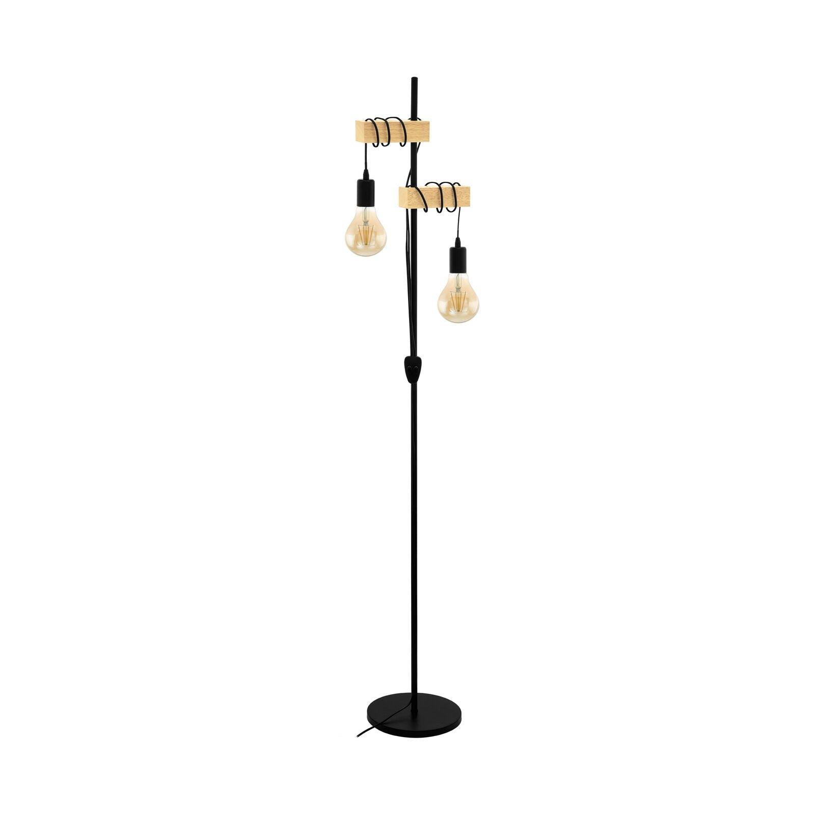 Standing Floor Lamp Light Black Base & Twin Wood Hangman 2 x 10W E27 Bulb