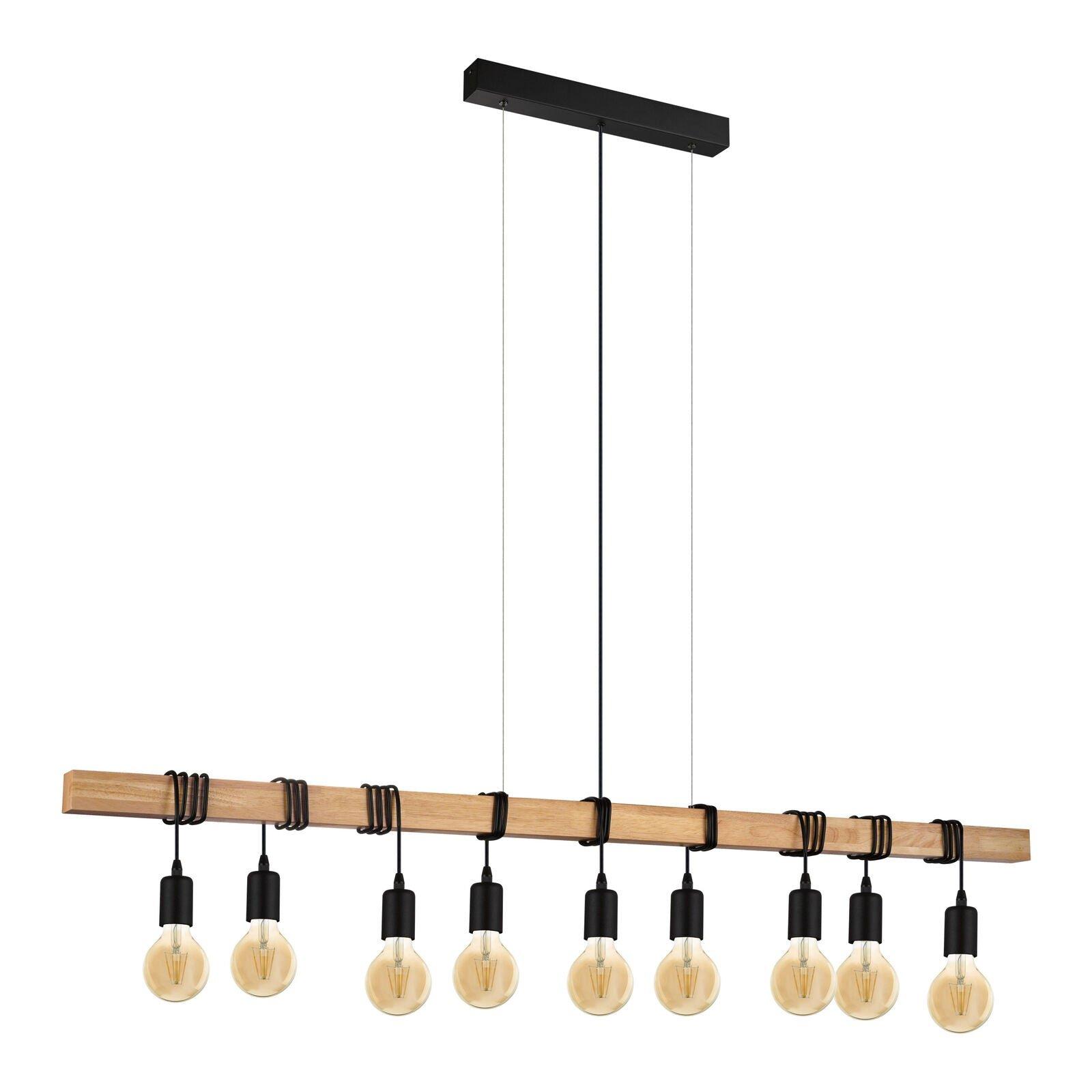 Hanging Ceiling Pendant Light Black & Wood 9x E27 Dining Table Multi Lamp