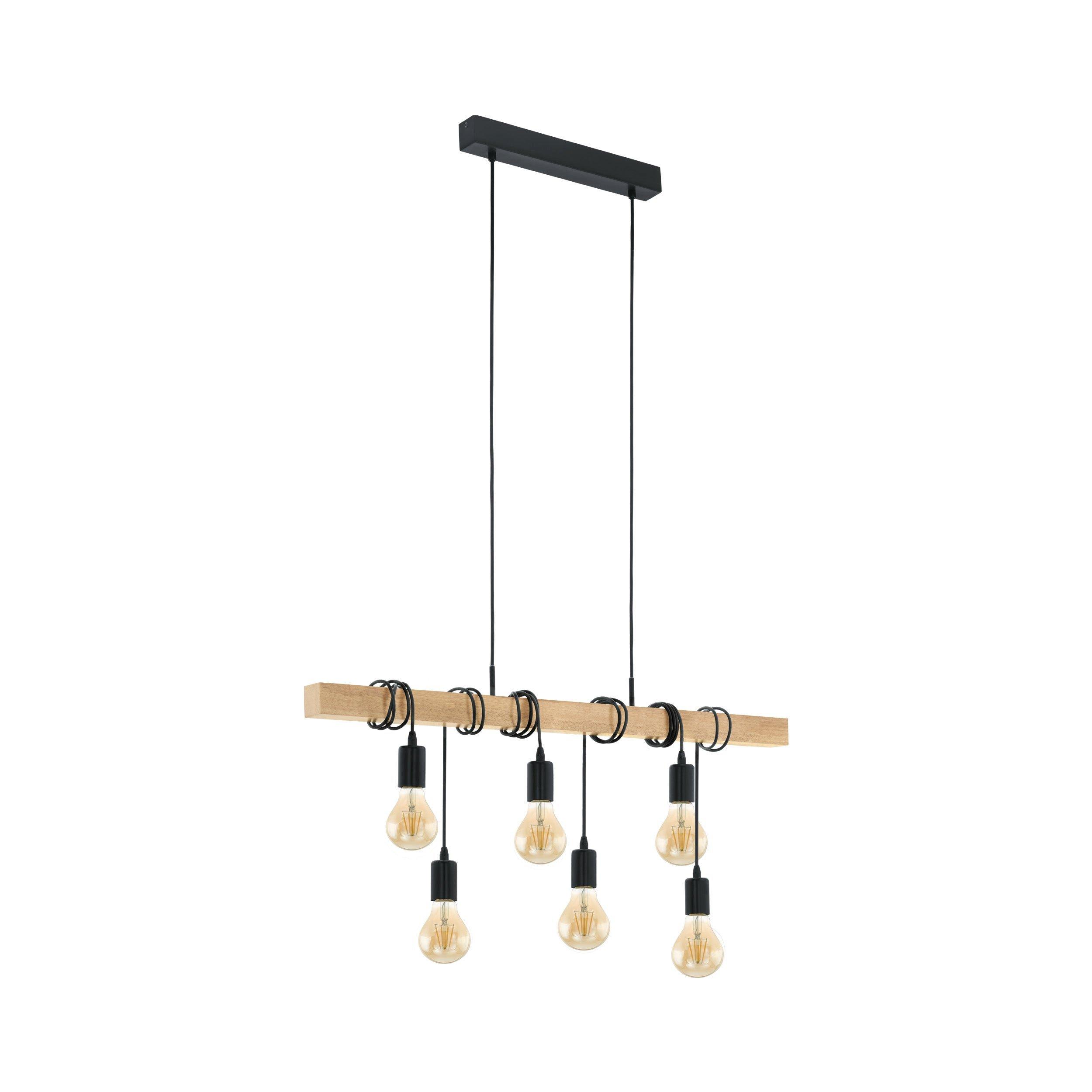Hanging Ceiling Pendant Light Black & Wood 6x E27 Kitchen Island Multi Lamp