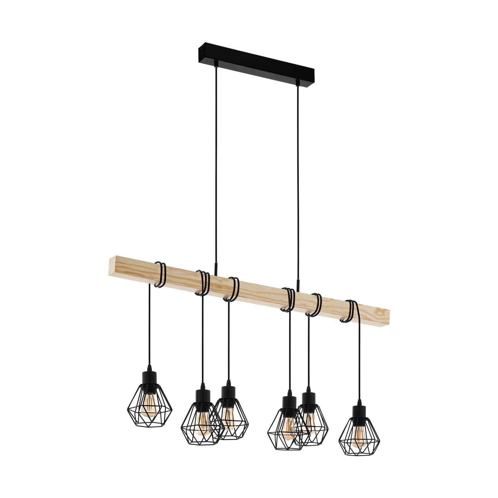Hanging Ceiling Pendant Light Black Cage & Wood 6x E27 Kitchen Island Lamp