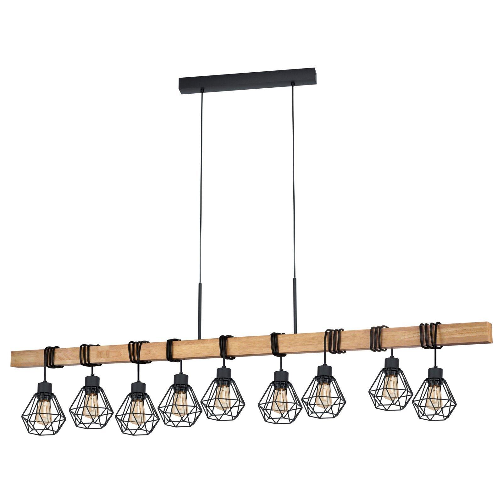 Hanging Ceiling Pendant Light Black Cage & Wood 9x E27 Dining Table Multi Lamp