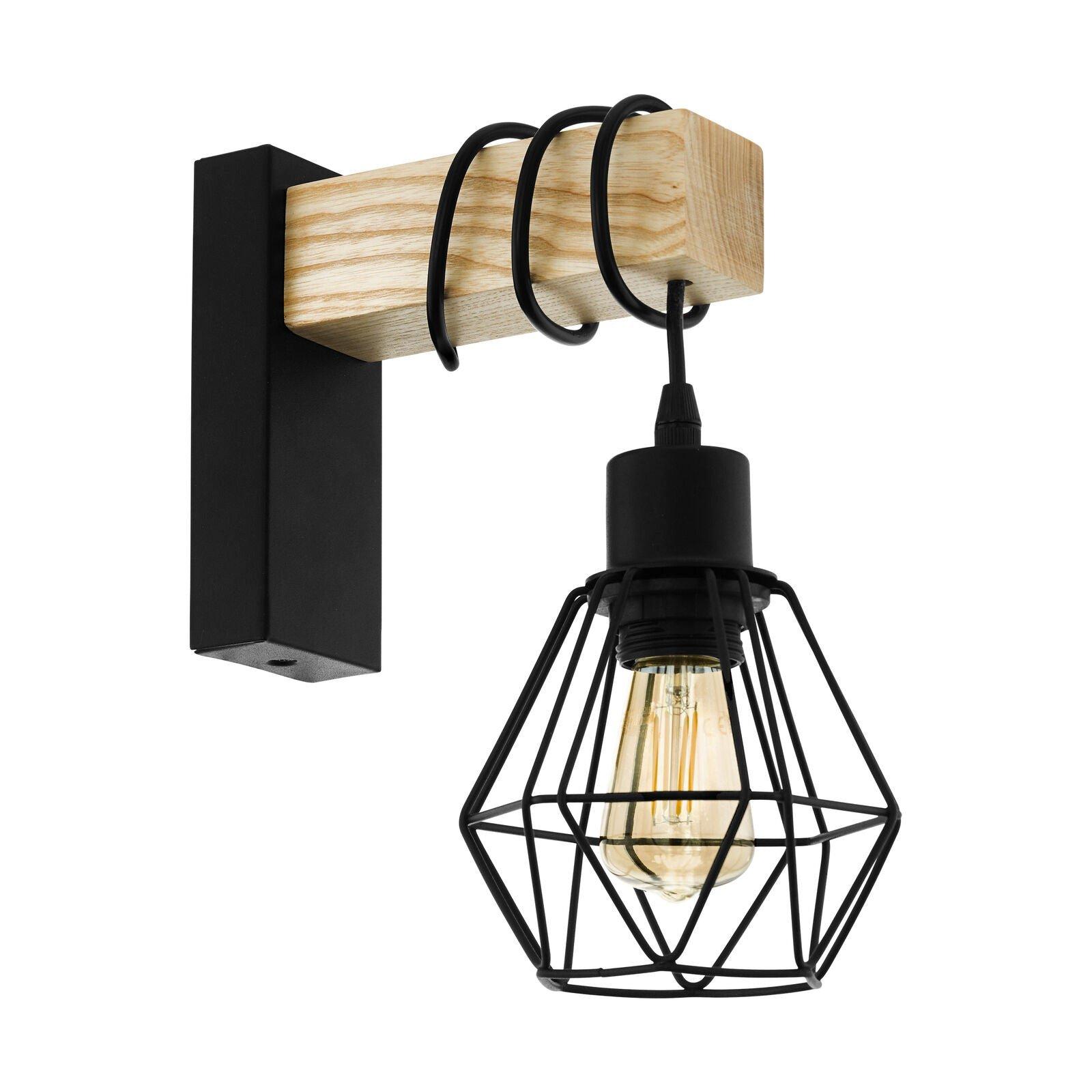LED Wall Light / Sconce Black Plate & Wood Hangman Cage 1 x 10W E27 Bulb
