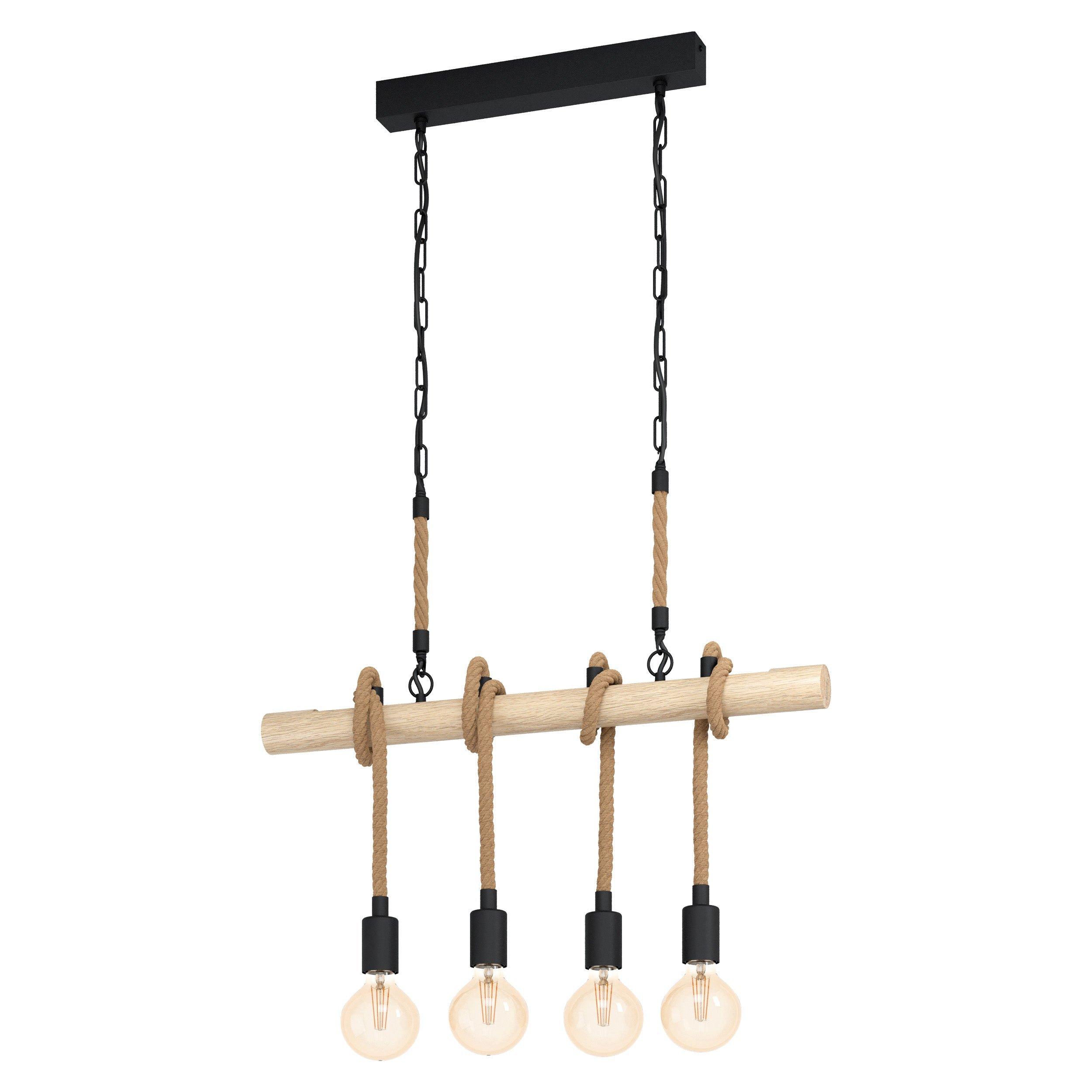 Hanging Ceiling Pendant Light Black & Wood / Rope 4x E27 Kitchen Island Lamp