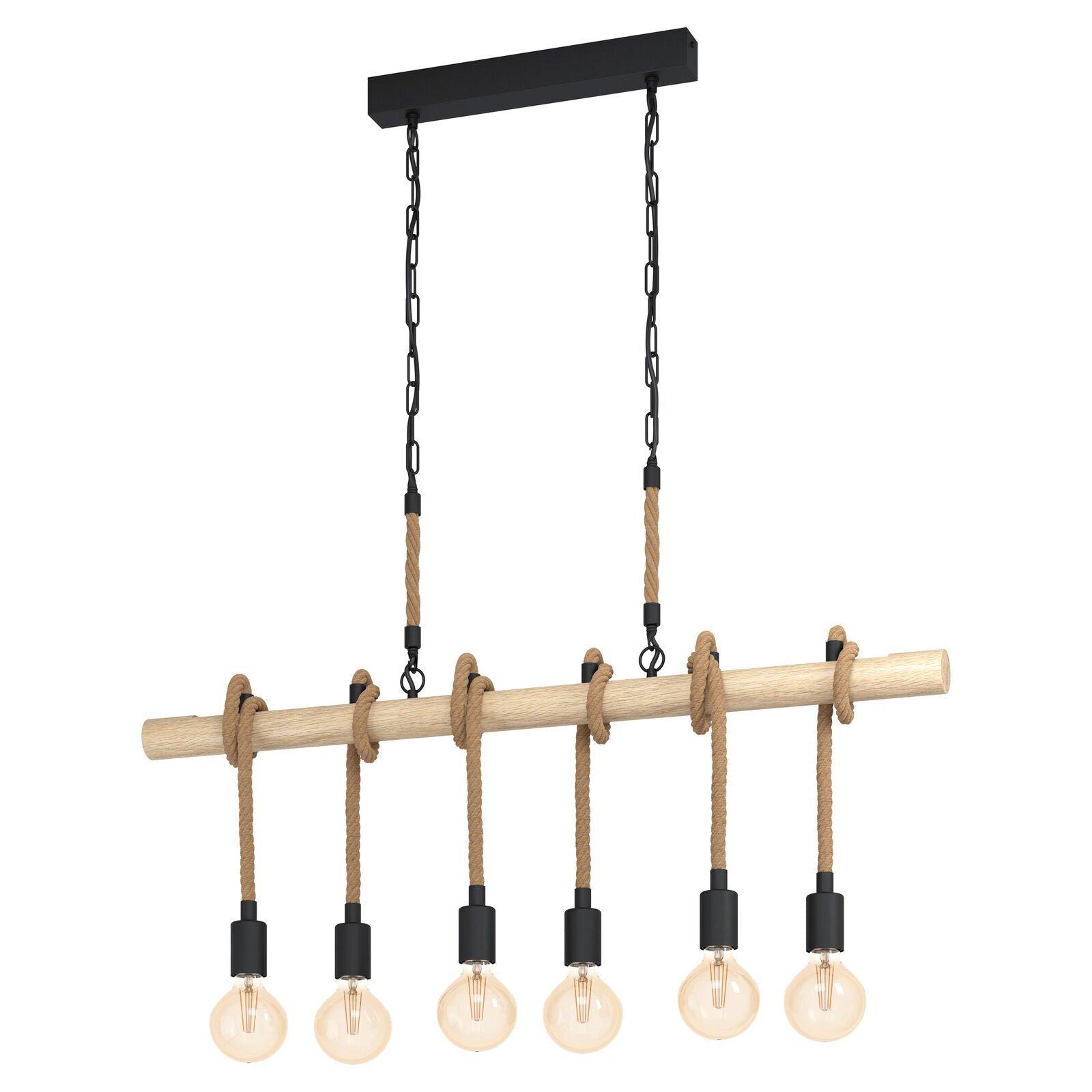Hanging Ceiling Pendant Light Black & Wood / Rope 6x E27 Kitchen Island Lamp