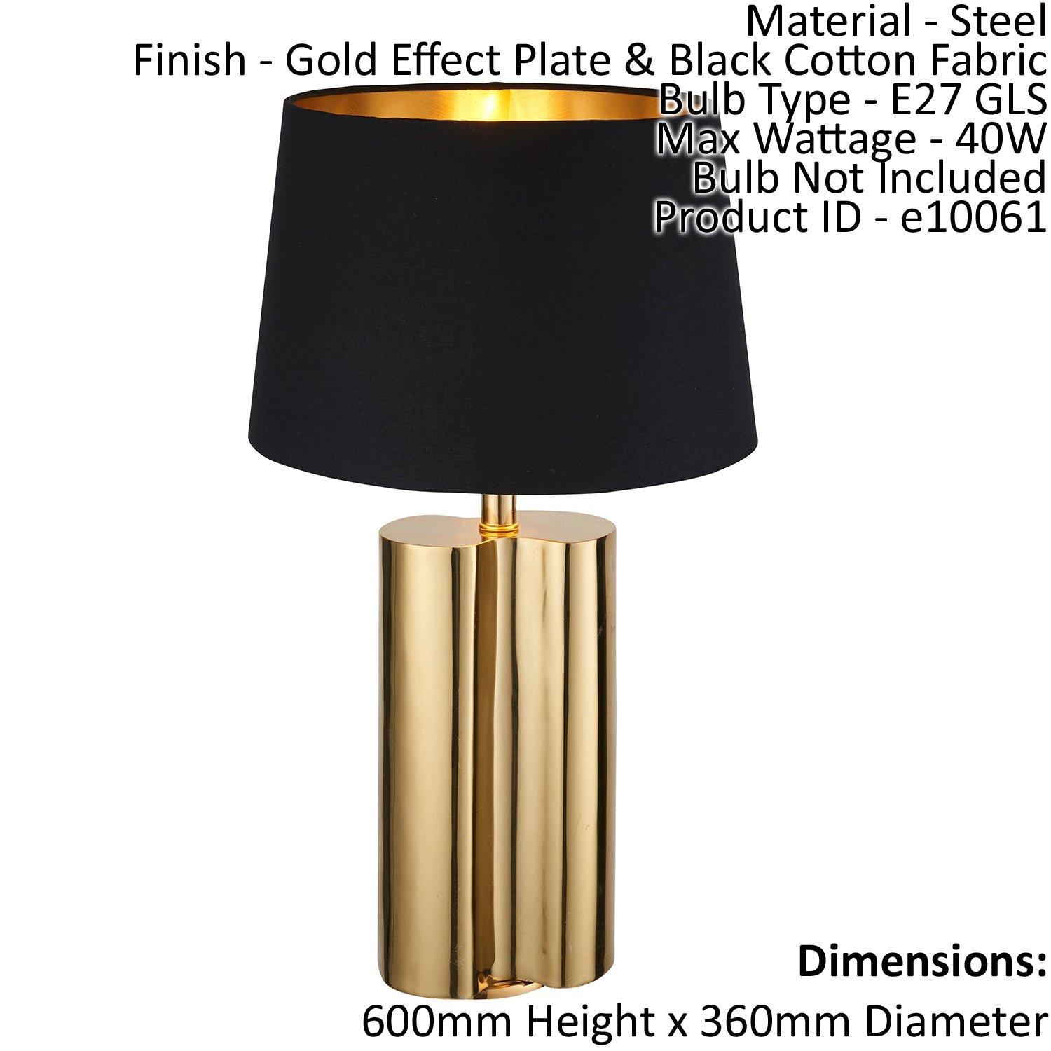 Table Lamp Gold Effect Plate & Black Cotton Fabric 40W E27 Bedside Light