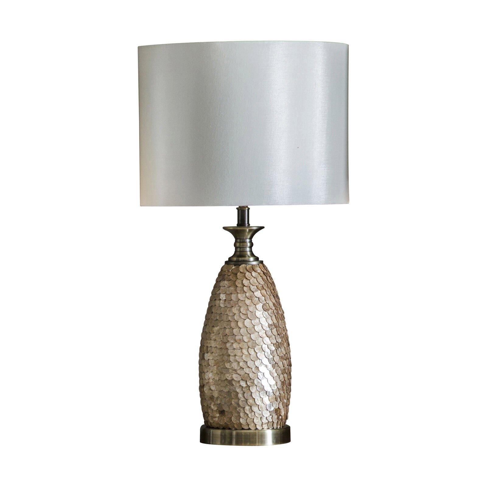 Table Lamp Capiz Detail Antique Brass Plate & Ivory Fabric 10W LED E27