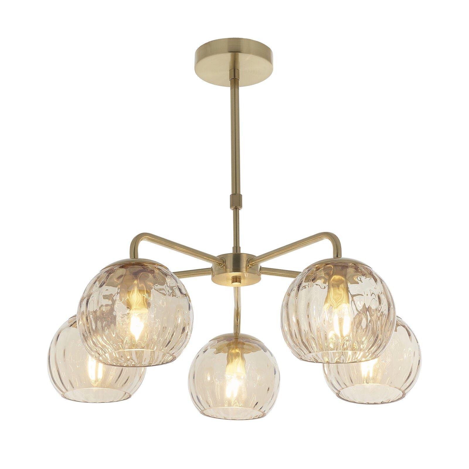 Ceiling Pendant Light - Satin Brass Plate & Champagne Lustre Glass - 5 x 25W E14