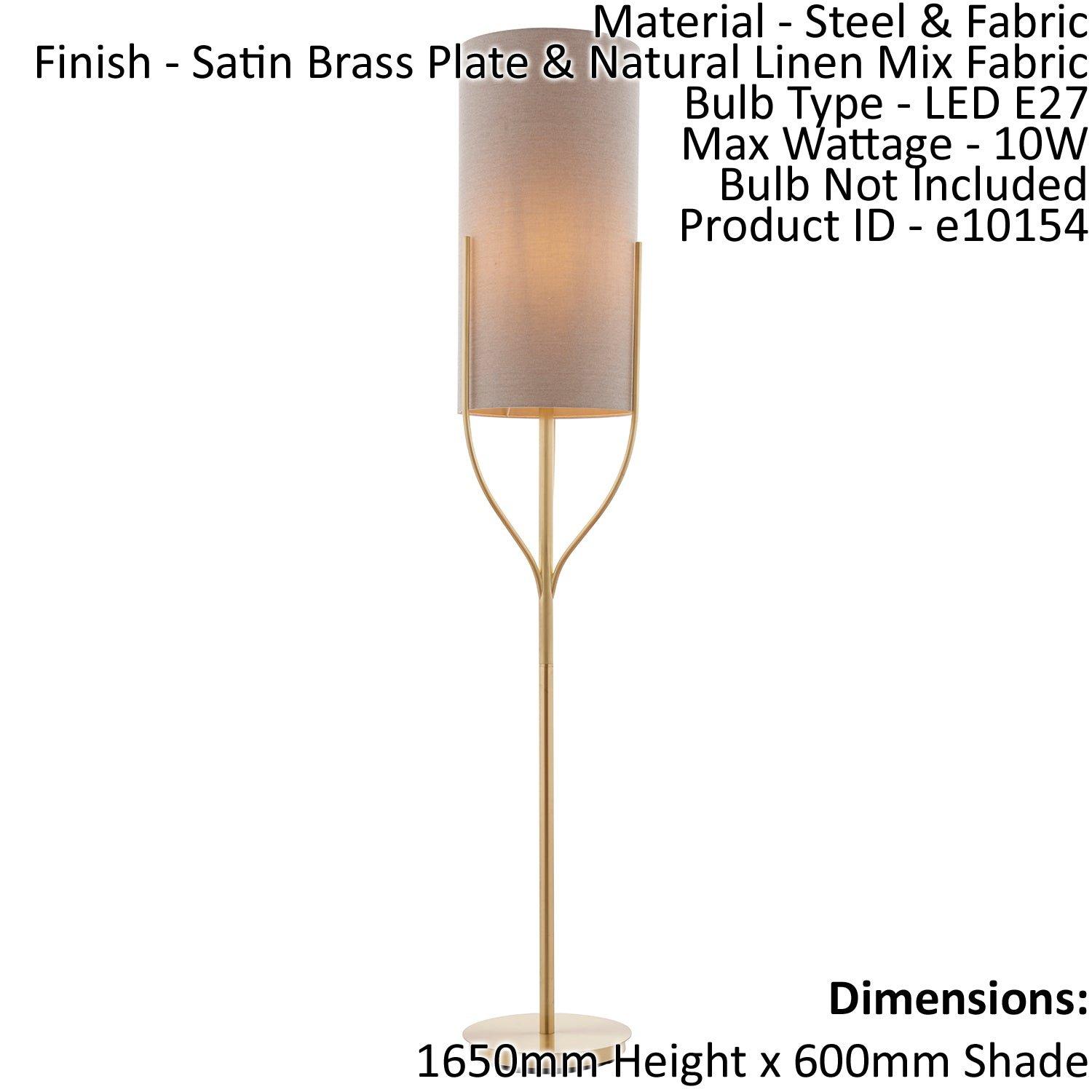 Floor Lamp Light Satin Brass & Natural Linen Mix Fabric 10W LED E27
