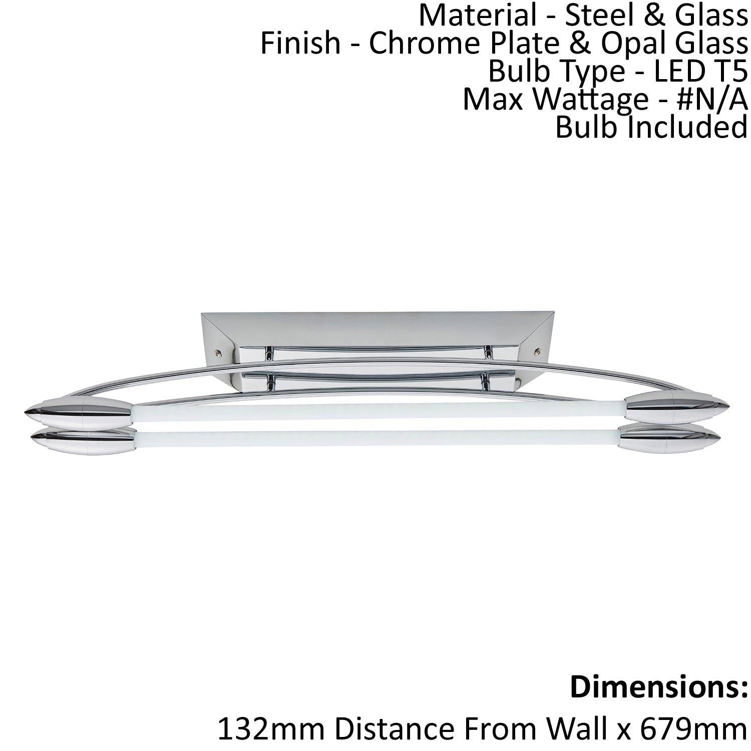 Flush Ceiling Light - Chrome Plate & Opal Glass - 2 x 8W LED T5 - Bulb Included