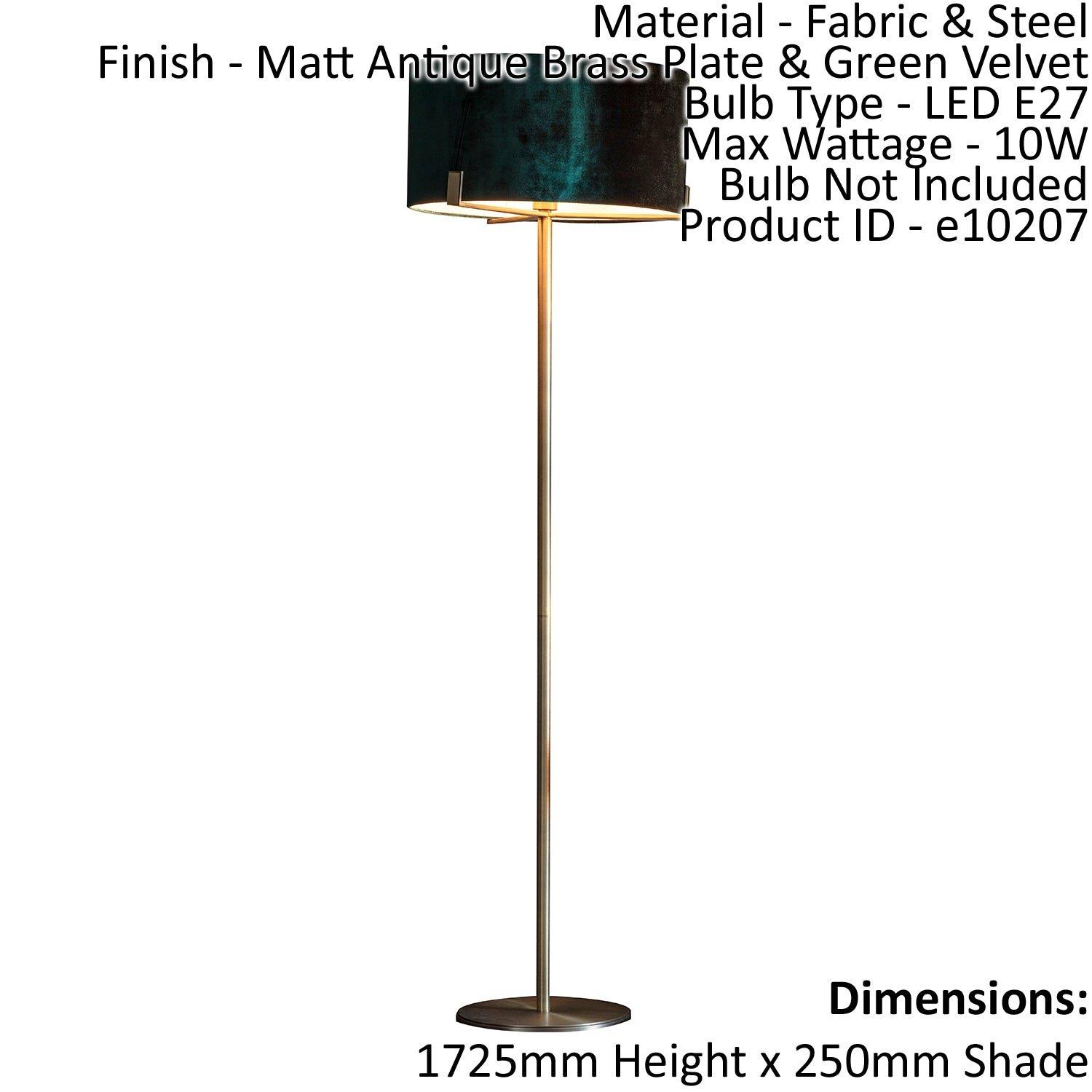 Floor Lamp Light Matt Antique Brass & Green Velvet 10W LED E27 Base & shade
