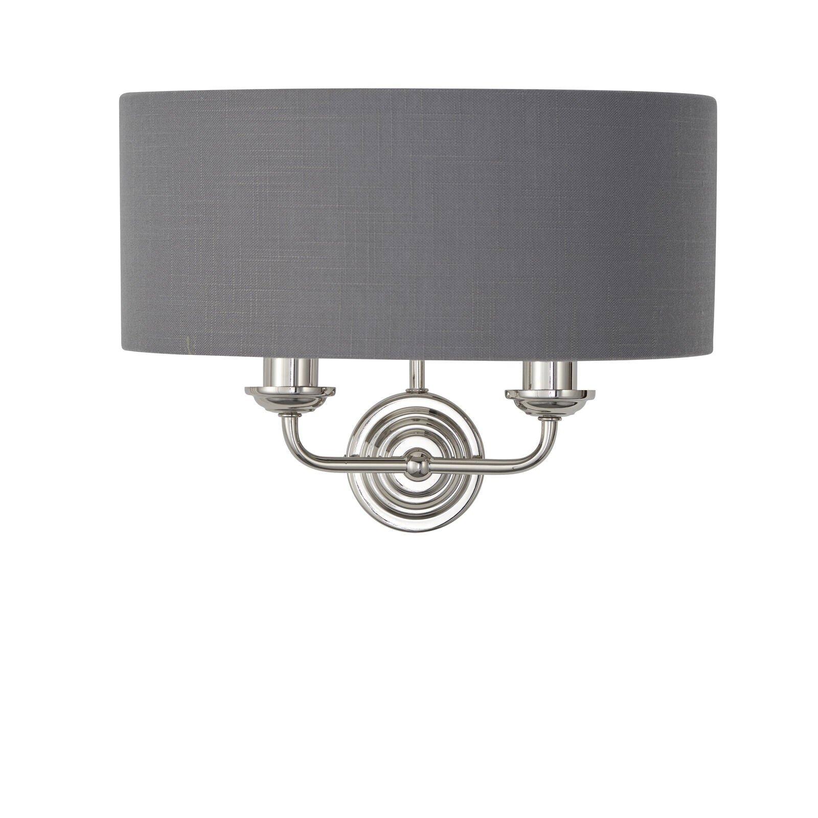 Wall Light - Bright Nickel Plate & Charcoal Fabric - 2 x 40W E14 - Dimmable