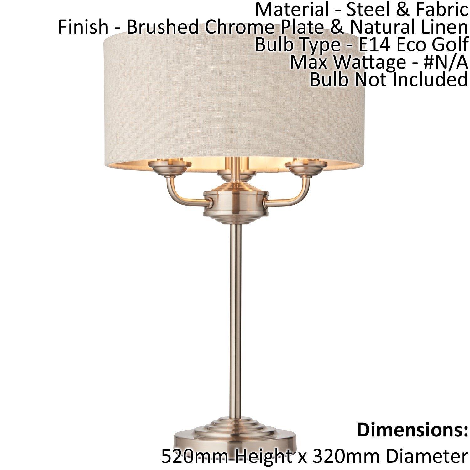 Table Lamp - Brushed Chrome Plate & Natural Linen - 3 x 18W E14 Eco golf