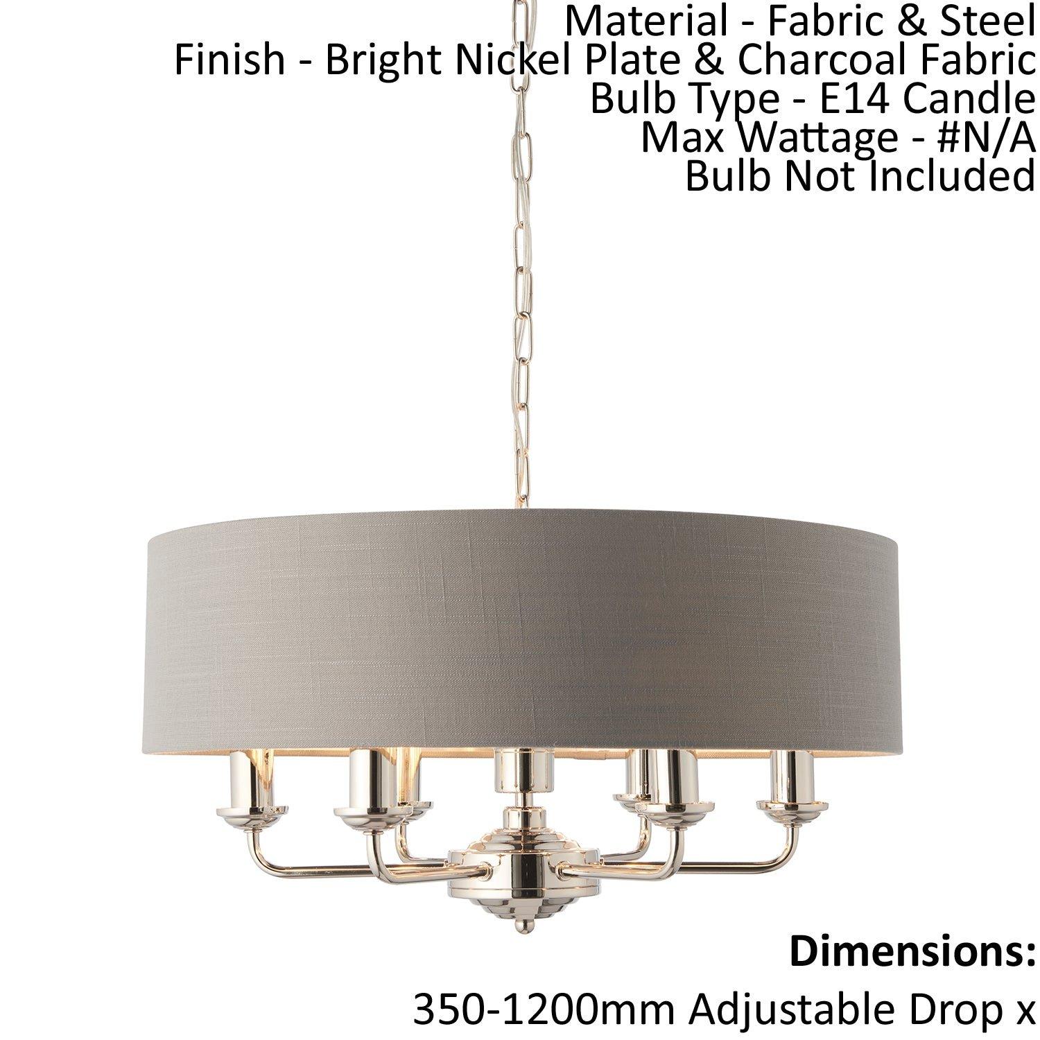 Ceiling Pendant Light - Bright Nickel & Charcoal Fabric - 6 x 40W E14 - e10242
