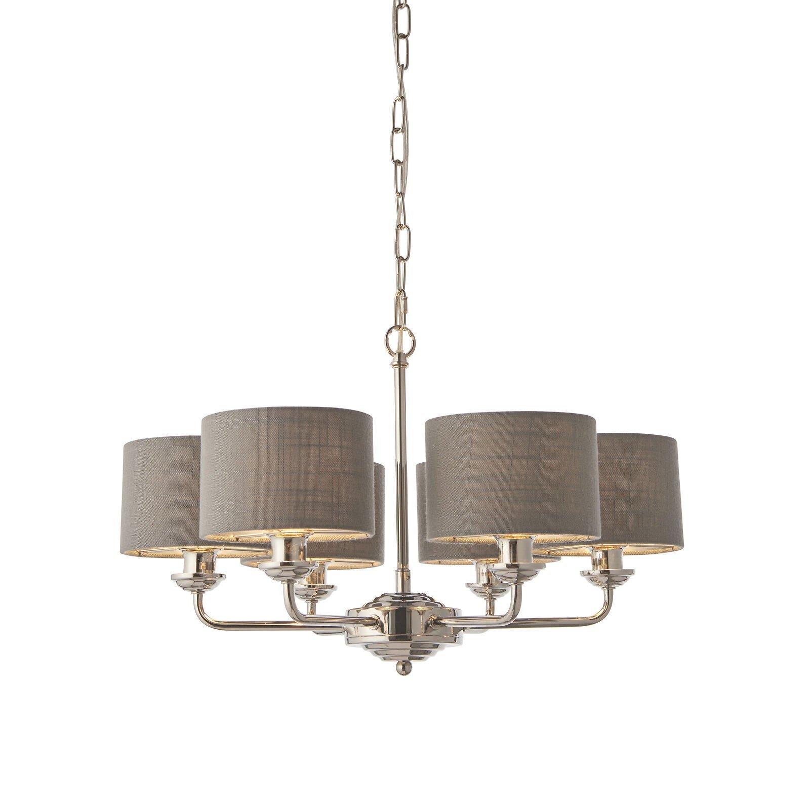 Ceiling Pendant Light - Bright Nickel Plate & Charcoal Fabric - 6 x 28W E14