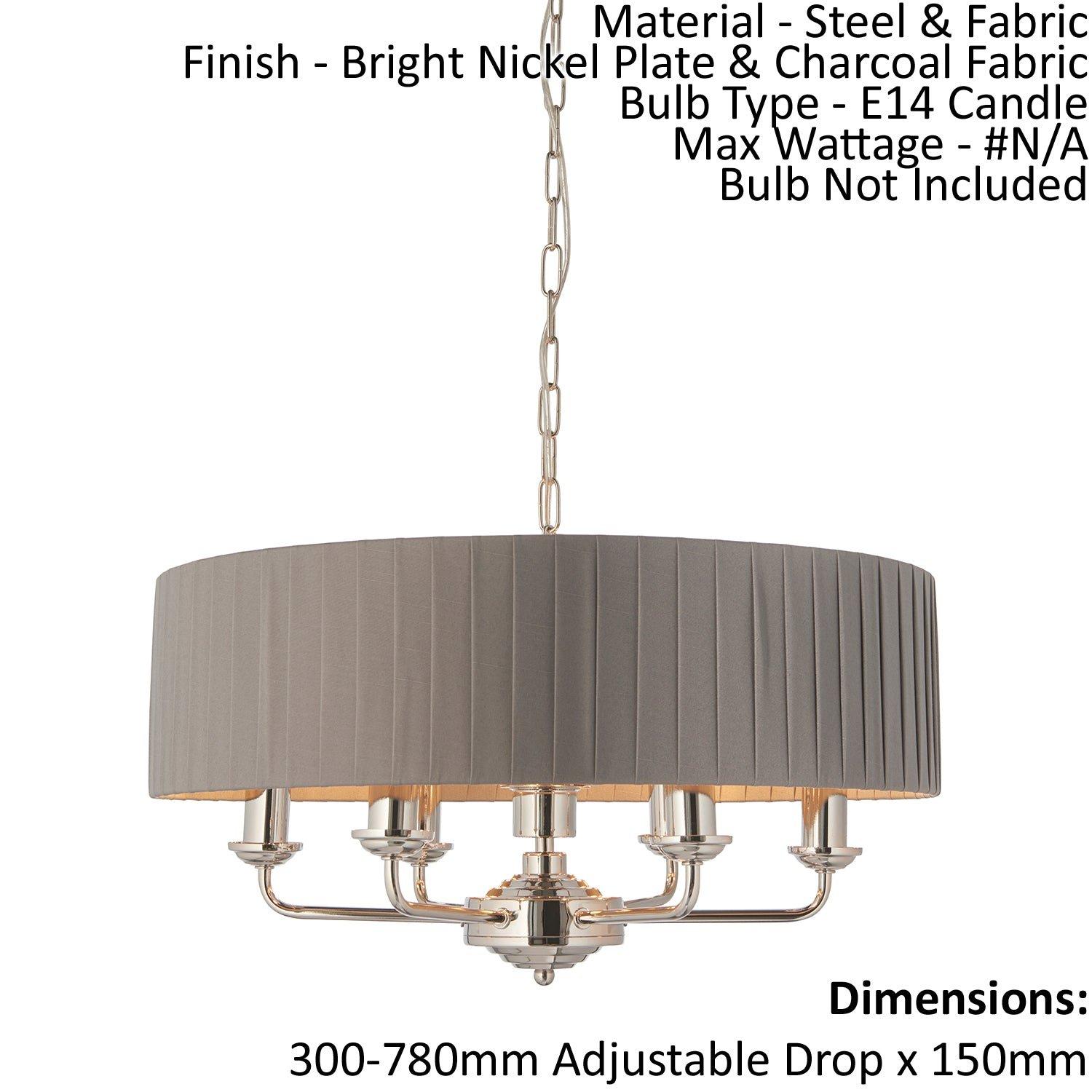 Ceiling Pendant Light - Bright Nickel & Charcoal Fabric - 6 x 40W E14 - e10245