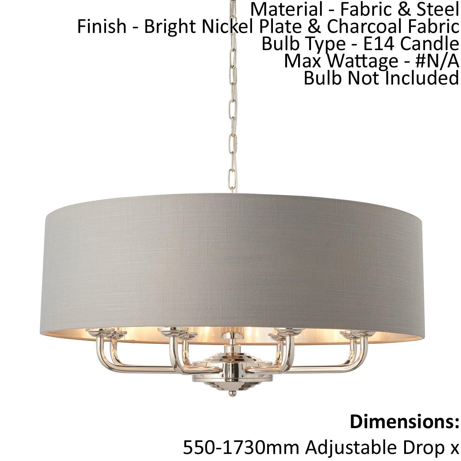 Ceiling Pendant Light - Bright Nickel Plate & Charcoal Fabric - 8 x 40W E14
