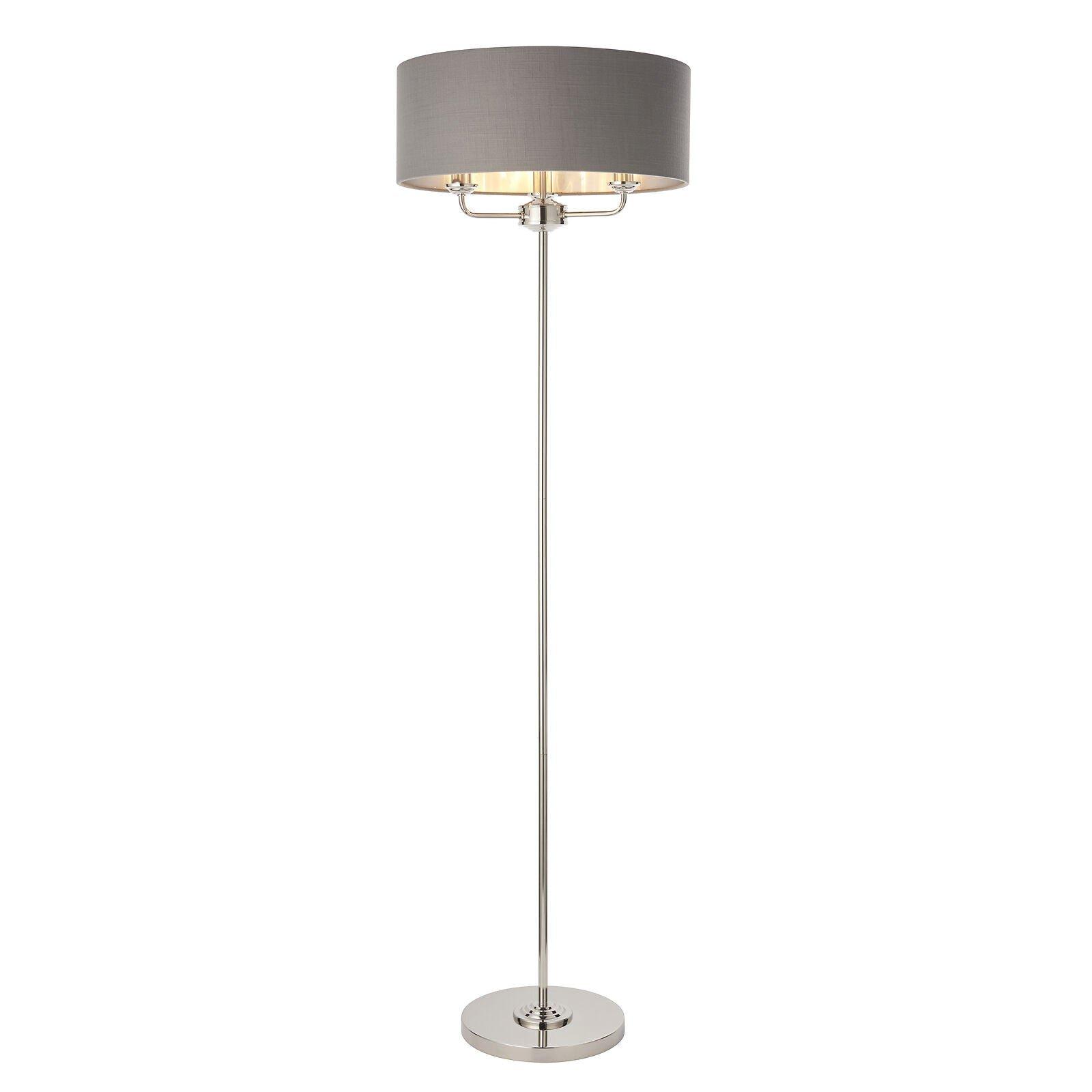Floor Lamp Light - Bright Nickel & Charcoal Fabric - 3 x 40W E14  - Base & shade