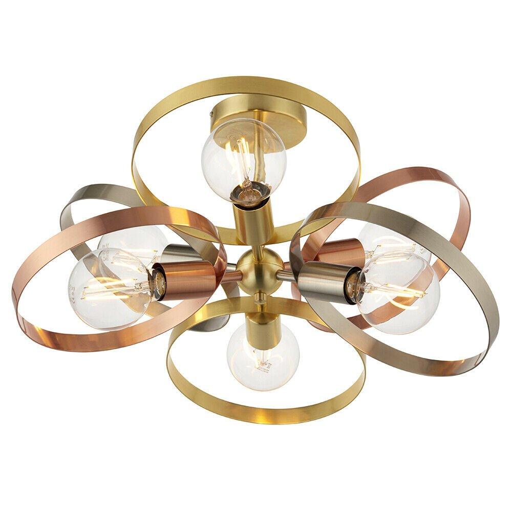 Semi Flush Ceiling Light - Satin Brass & Brushed Copper Plate - 6 x 40W E27 GLS