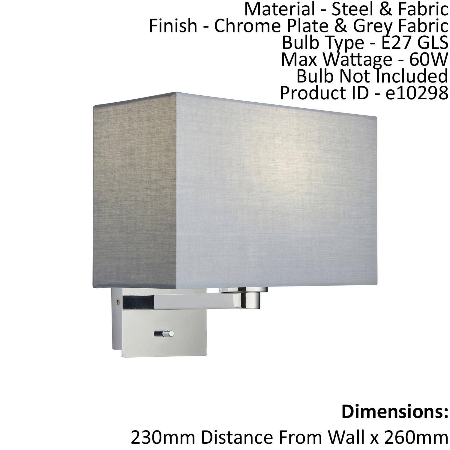 Wall Light & Shade Chrome Plate & Grey Fabric 60W E27 Living Room e10298