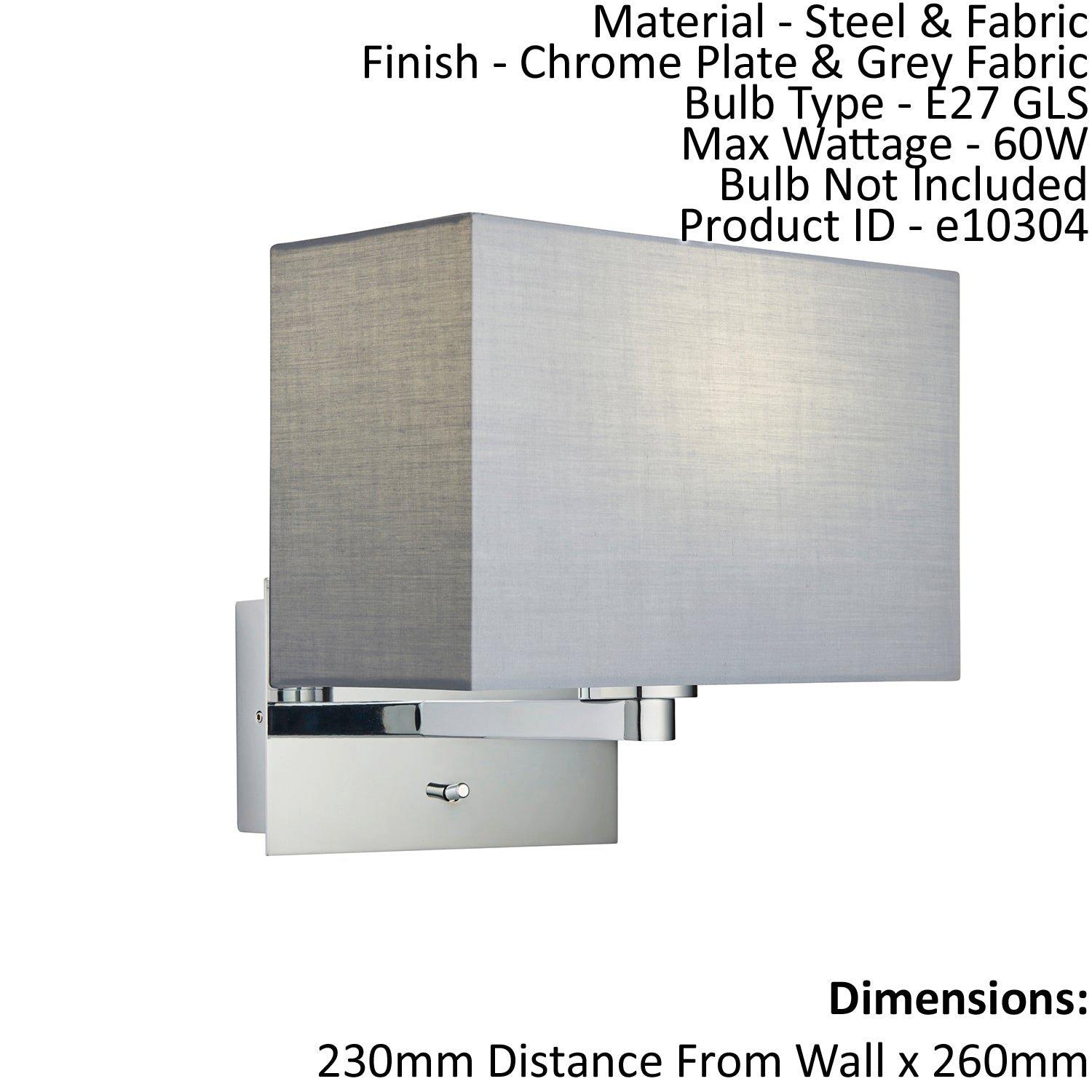 Wall Light & Shade Chrome Plate & Grey Fabric 60W E27 USB Socket e10304