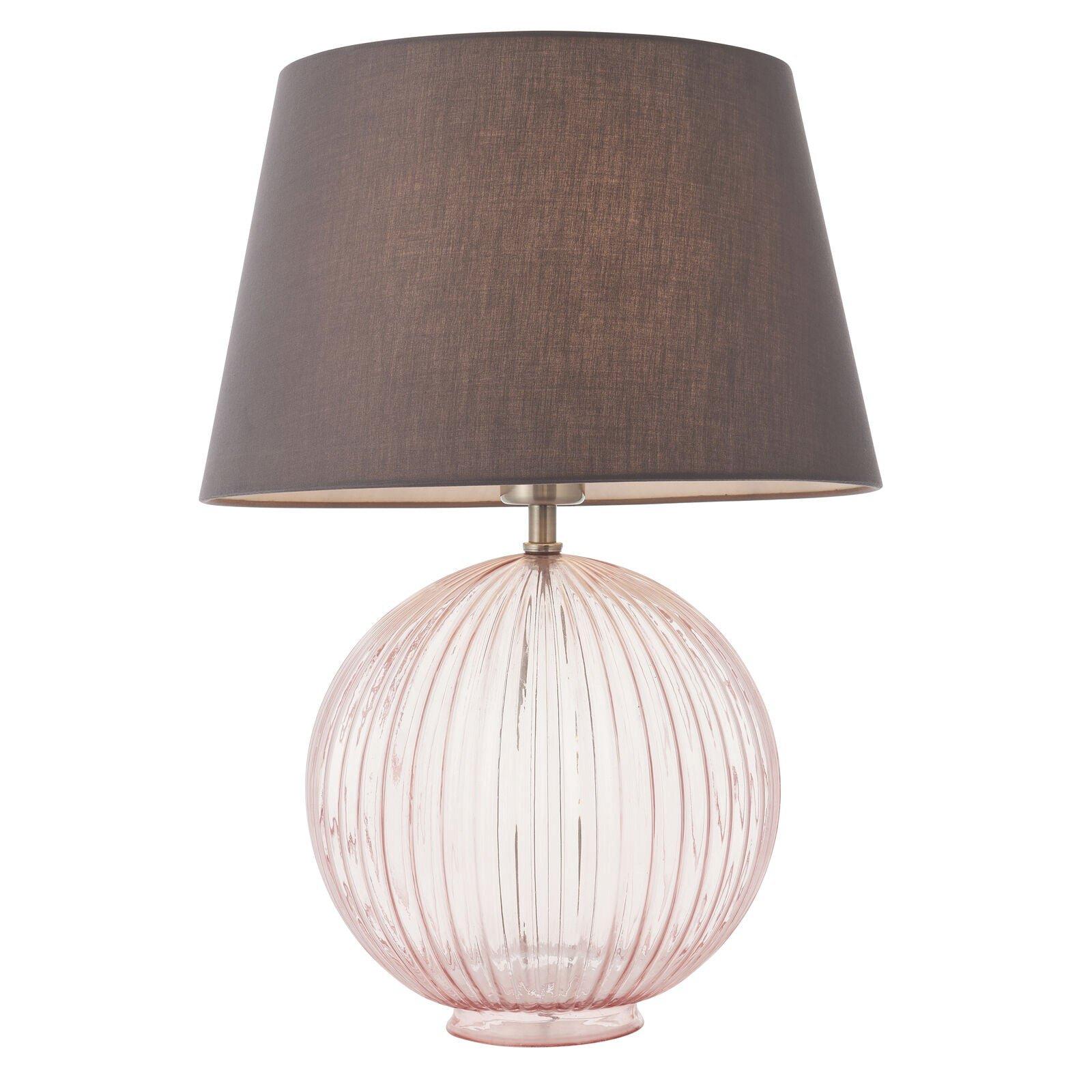 Table Lamp Dusky Pink Ribbed Glass & Charcoal Grey Cotton 40W E27 GLS