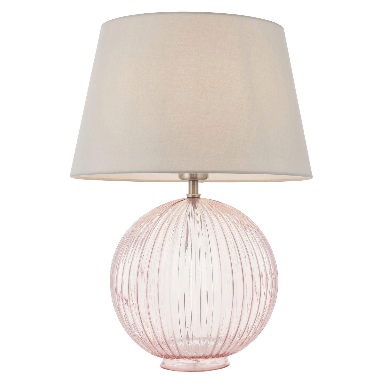 Table Lamp Dusky Pink Ribbed Glass & Pale Grey Cotton 40W E27 Bedside Light