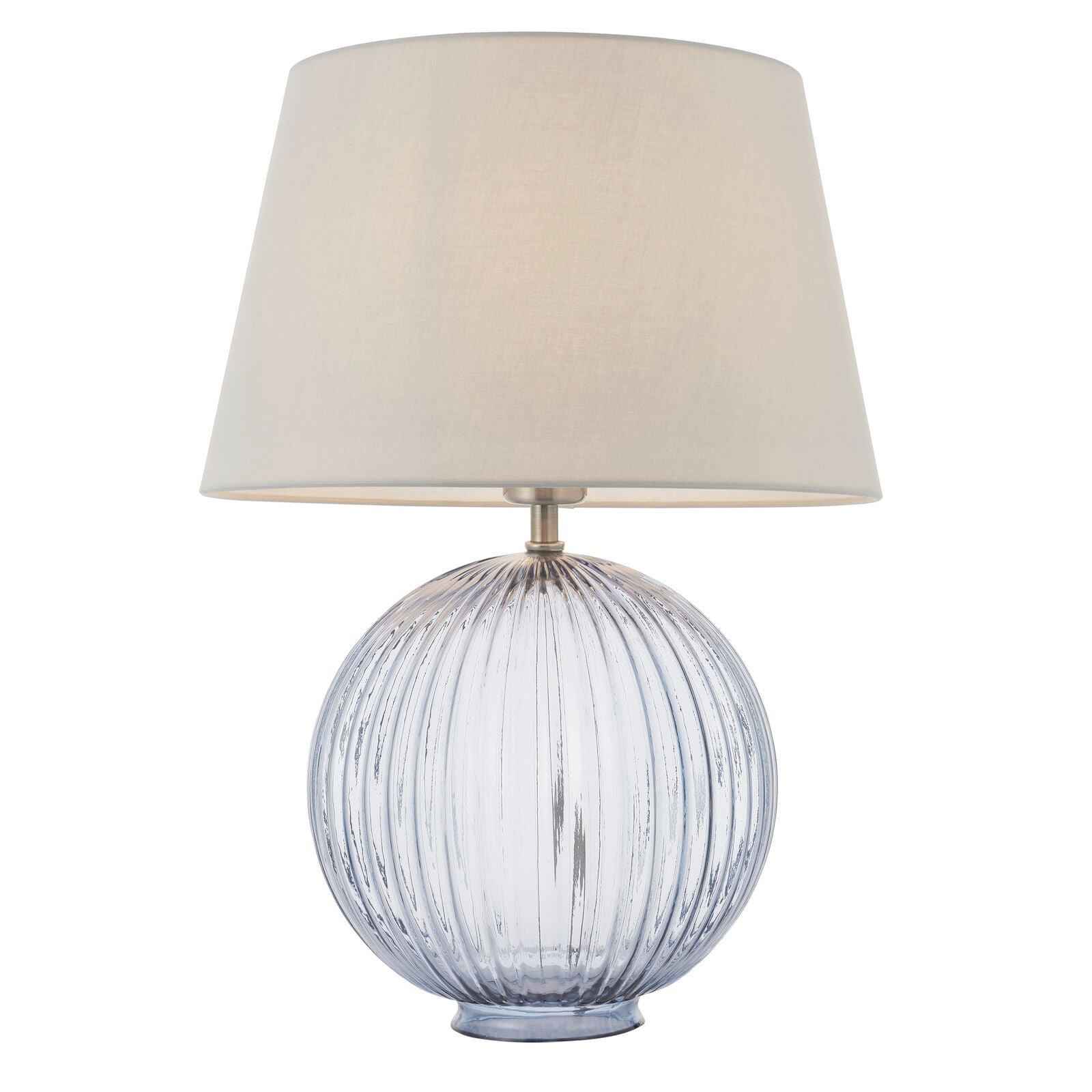 Table Lamp Smokey Grey Ribbed Glass & Pale Grey Cotton 40W E27 GLS