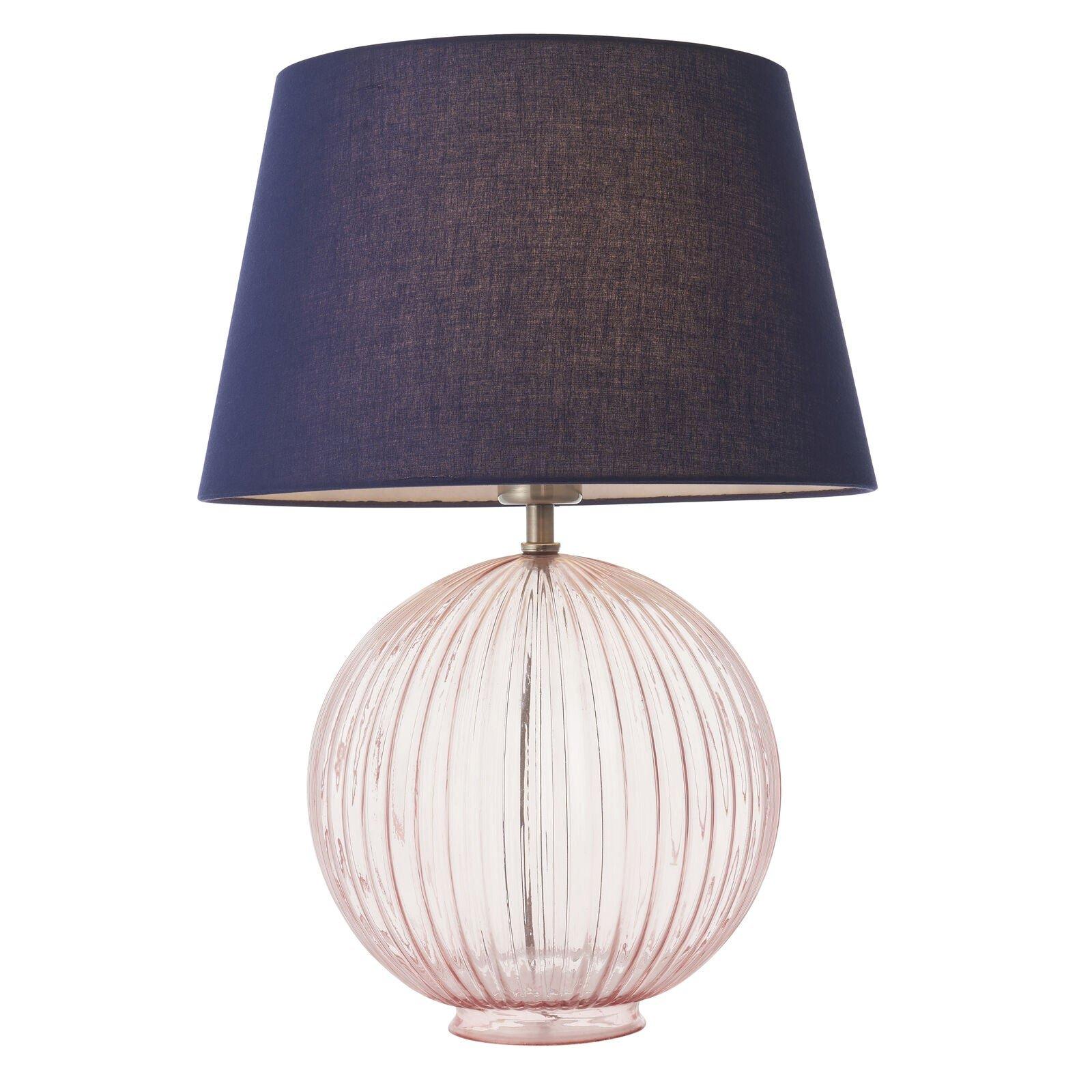 Table Lamp Dusky Pink Ribbed Glass & Navy Cotton 40W E27 GLS Base & Shade