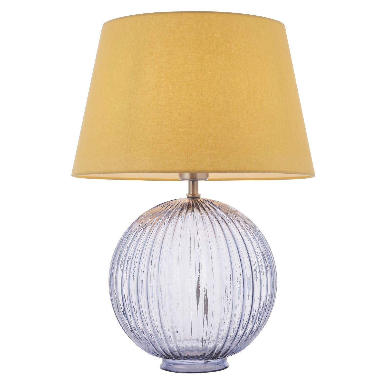 Table Lamp Smokey Grey Ribbed Glass & Yellow Cotton 40W E27 Bedside Light