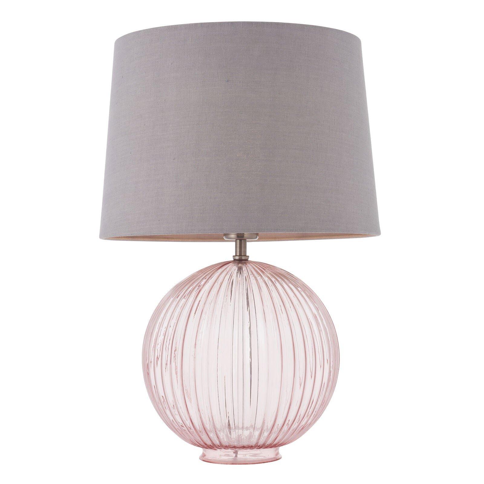 Table Lamp Dusky Pink Ribbed Glass & Charcoal Linen 40W E27 Bedside Light