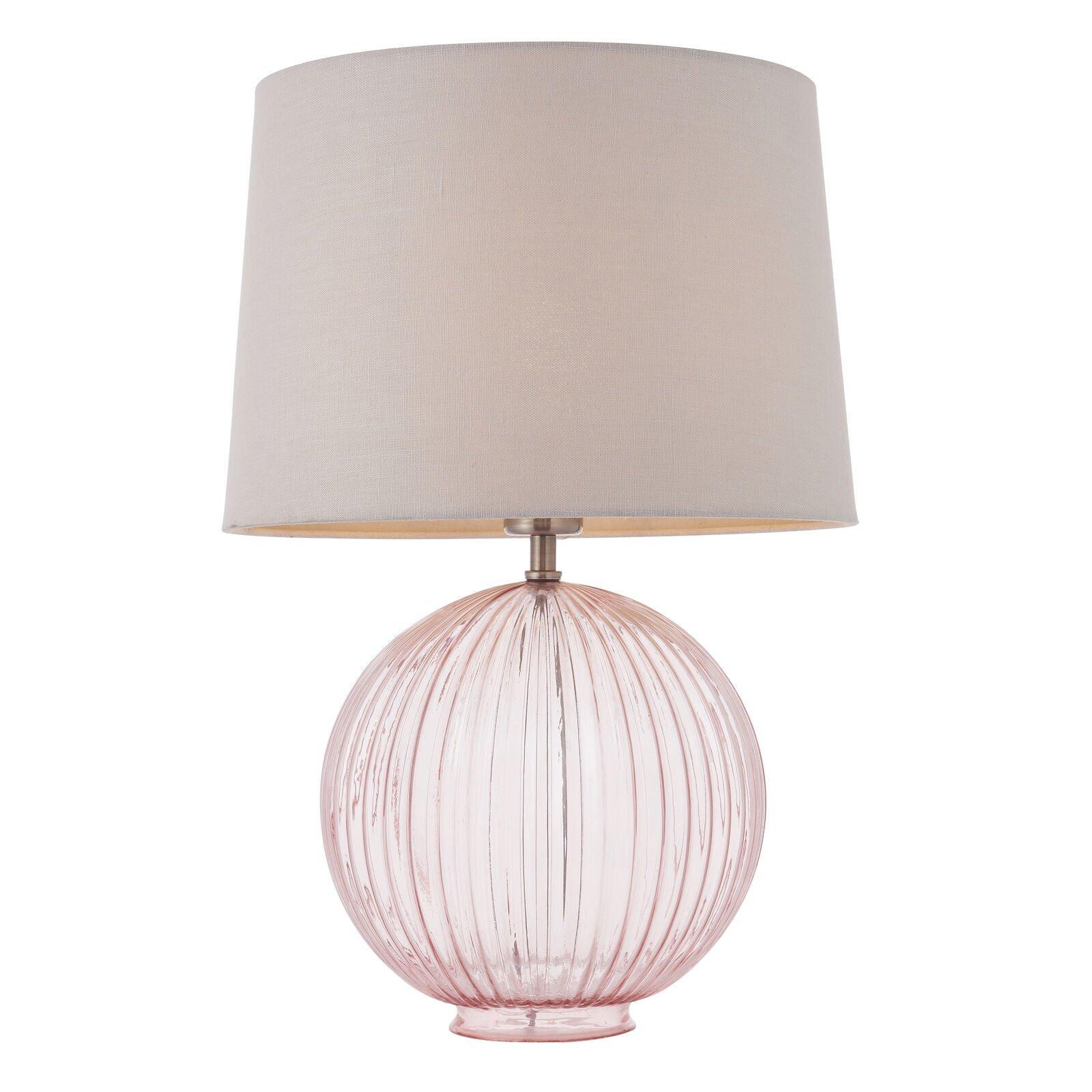 Table Lamp Dusky Pink Ribbed Glass & Natural Linen 40W E27 Bedside Light