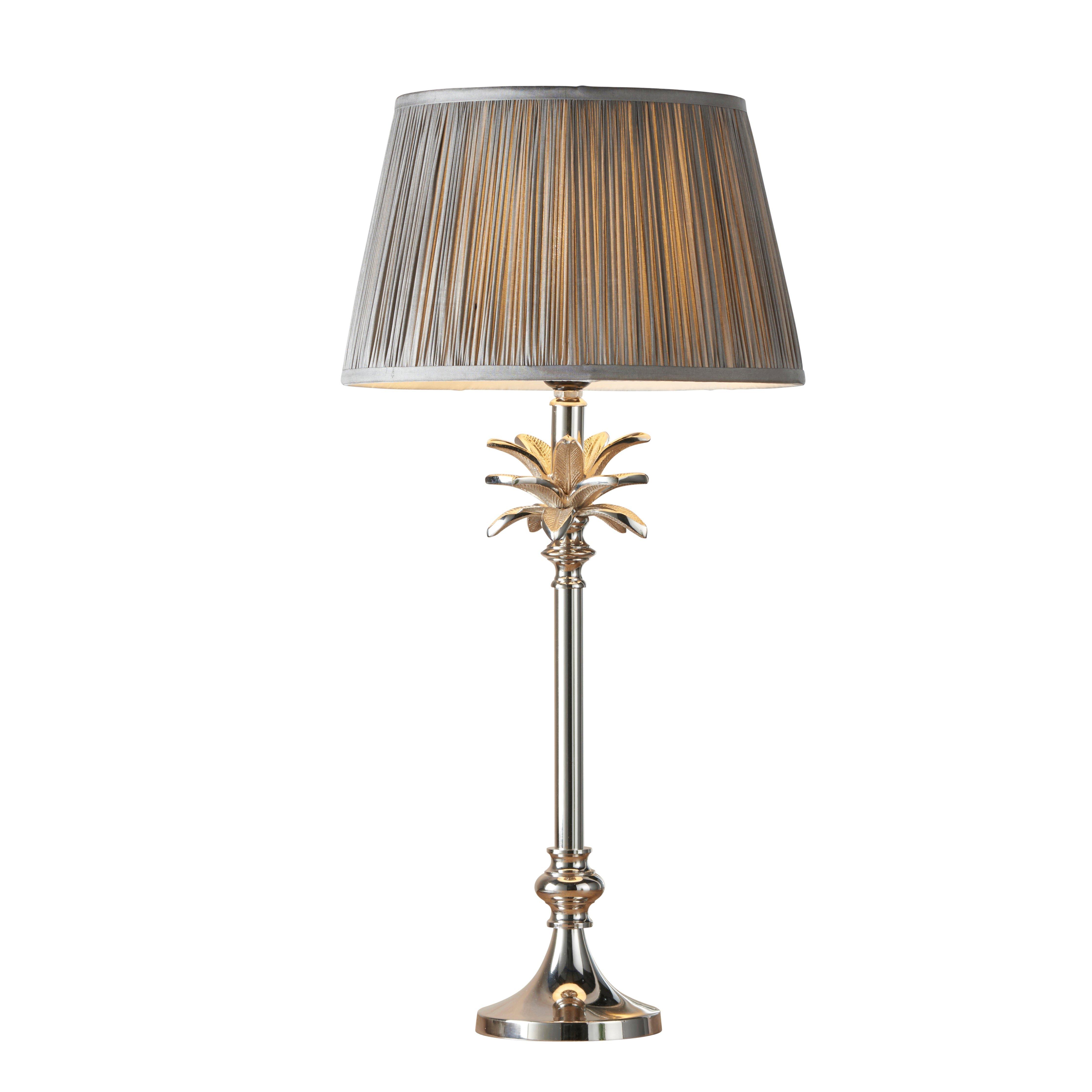 Table Lamp Polished Nickel & Charcoal Grey Silk 60W E27 Bedside Light