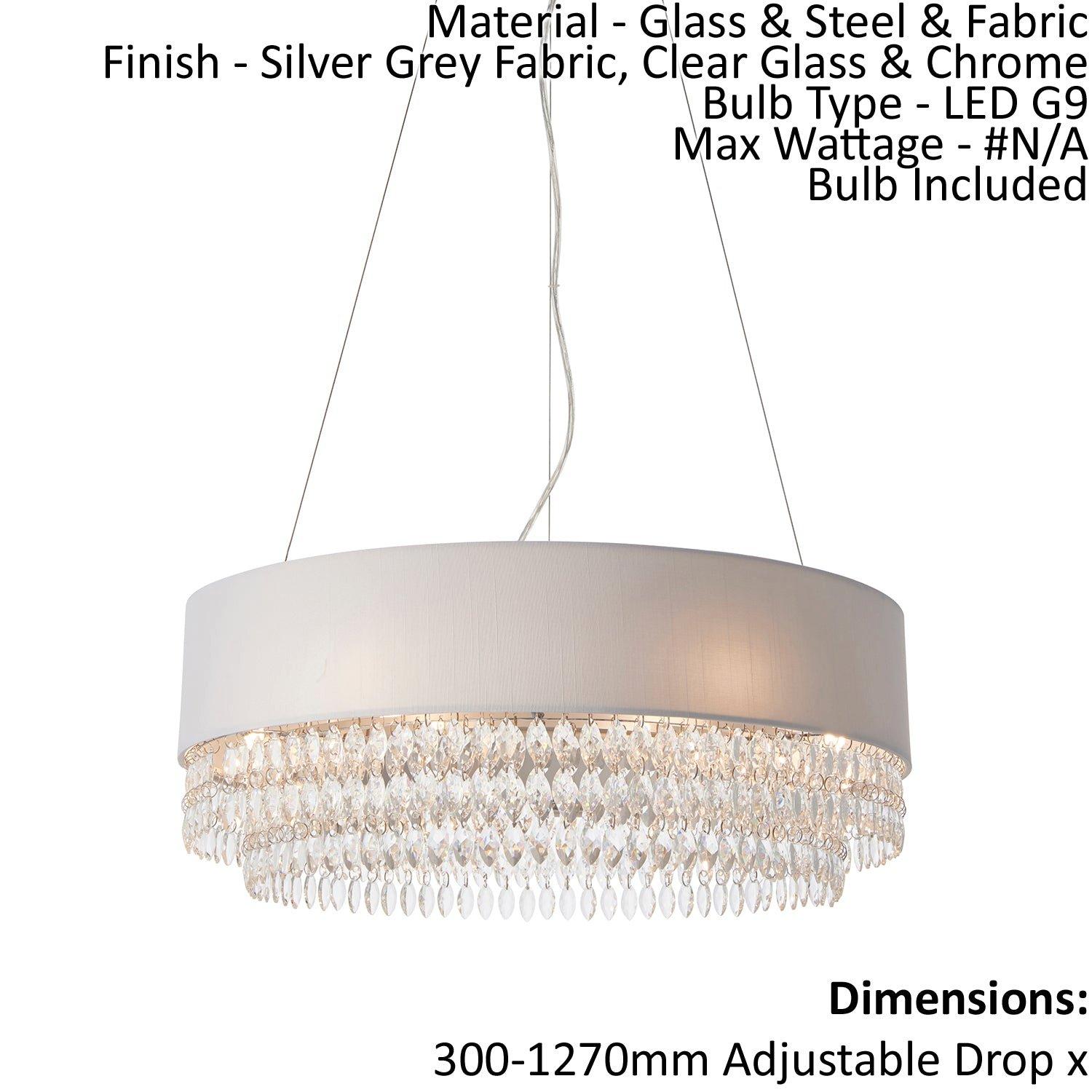 Ceiling Pendant Light - Silver Grey Fabric / Clear Glass & Chrome - 6x2.5W G9