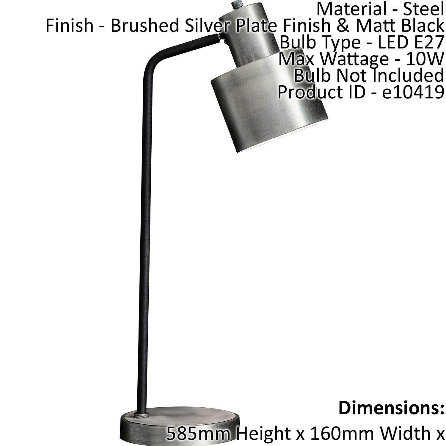 Table Lamp Brushed Silver Plate Finish & Matt Black 10W E27 Bedside Light